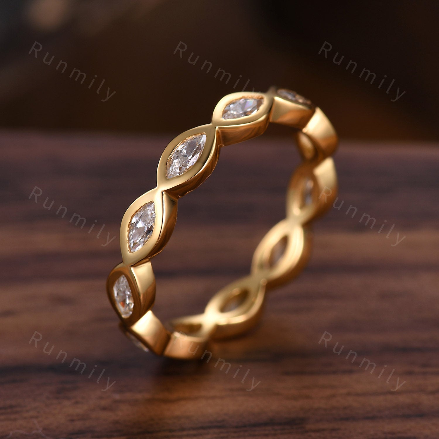 Delicate marquise cut moissanite wedding band yellow gold eternity band vintage bezel set band unique stacking band anniversary ring