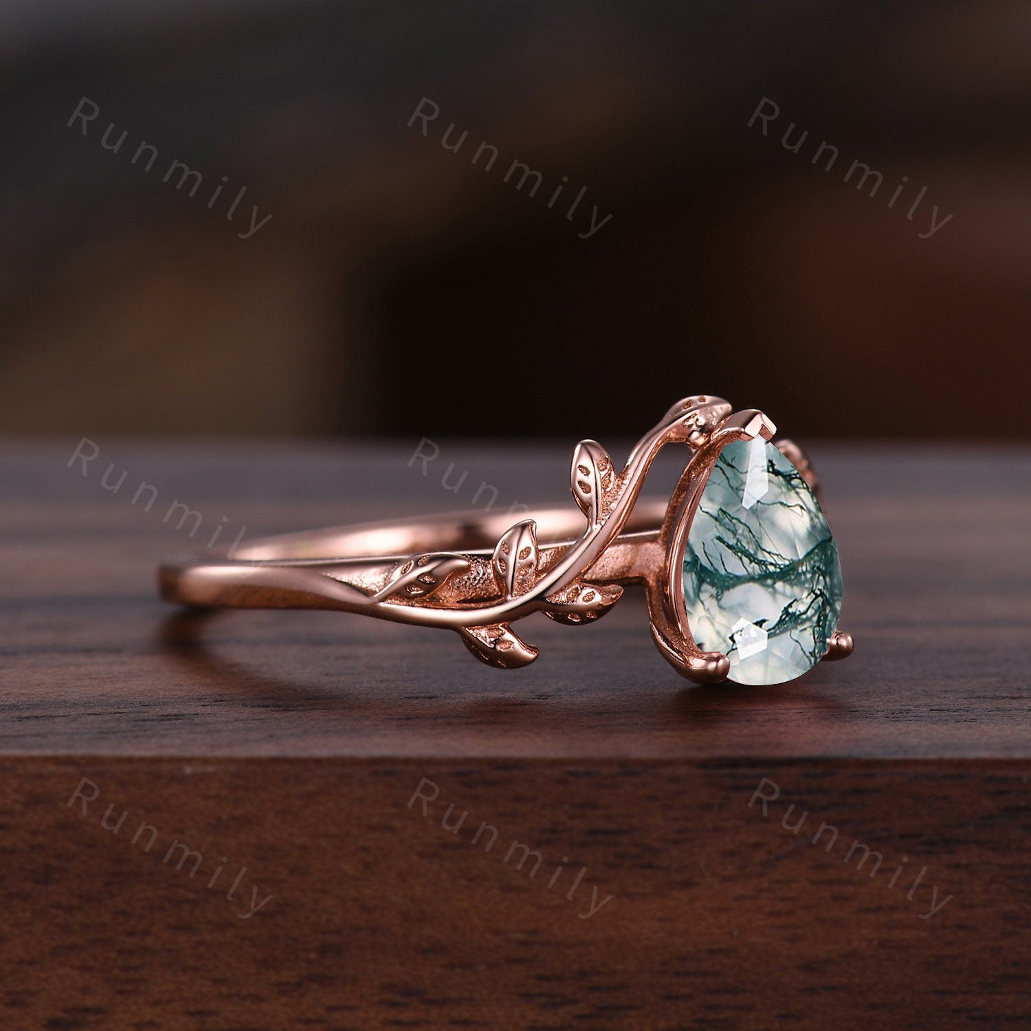 Vintage twig leaf moss agate ring women unique nature inspired engagement ring rose gold wedding ring green agate ring bridal promise gift