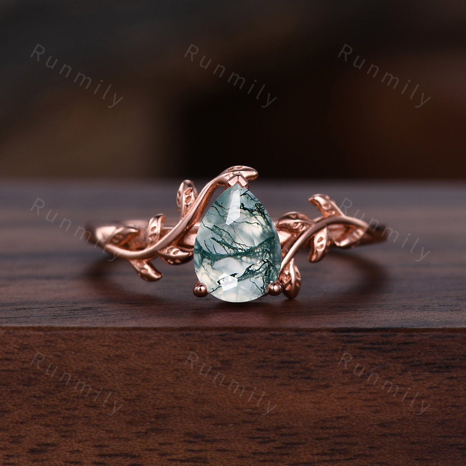 Vintage twig leaf moss agate ring women unique nature inspired engagement ring rose gold wedding ring green agate ring bridal promise gift
