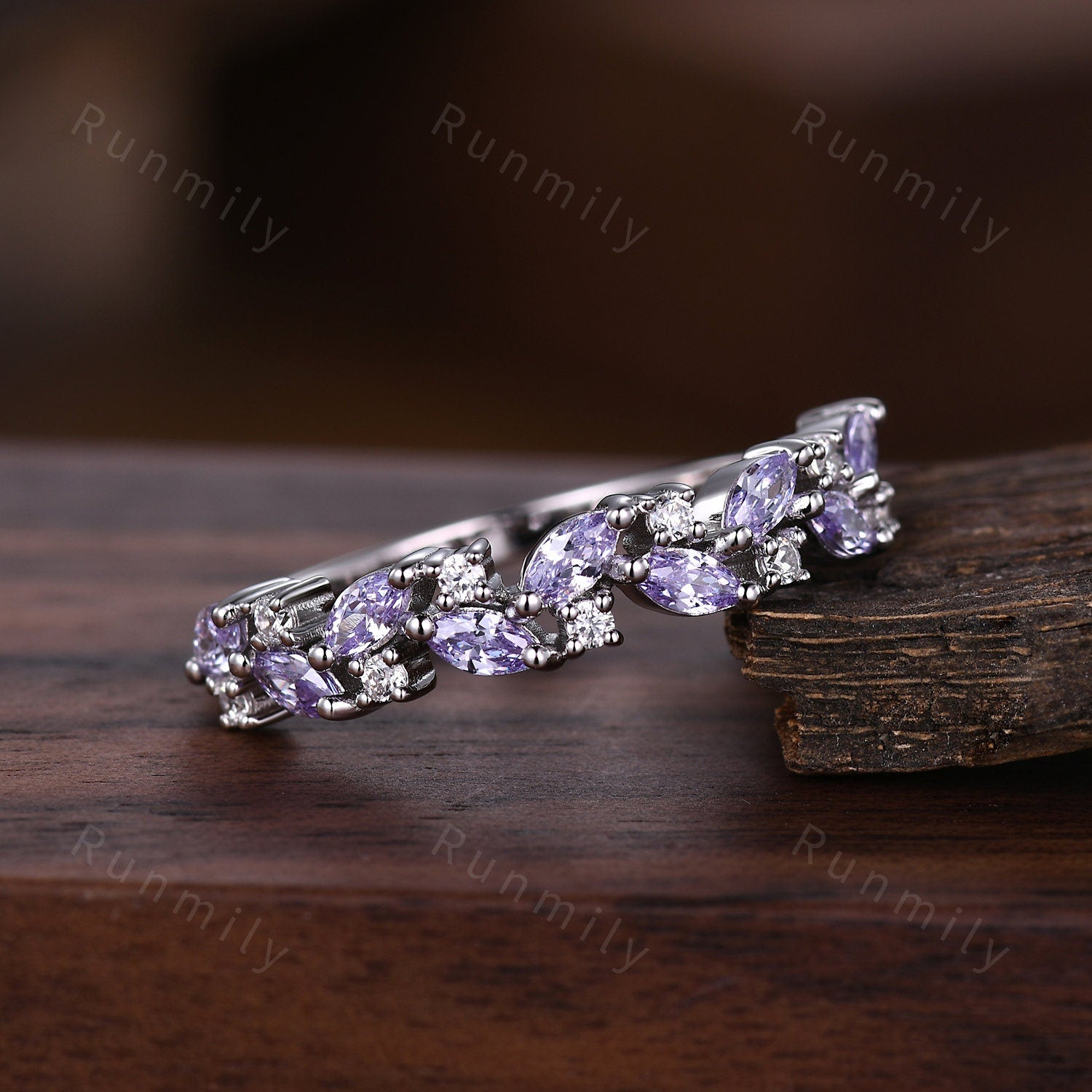 Unique marquise cut tanzanite wedding band sterling silver moissanite cluster ring for women vintage stacking matching band anniversary ring