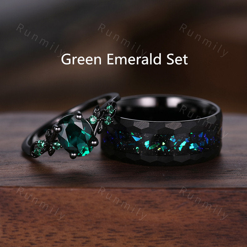 Vintage black onyx couples ring set black gold matching promise ring His and Her wedding band Mens opal tungsten ring anniversary gifts