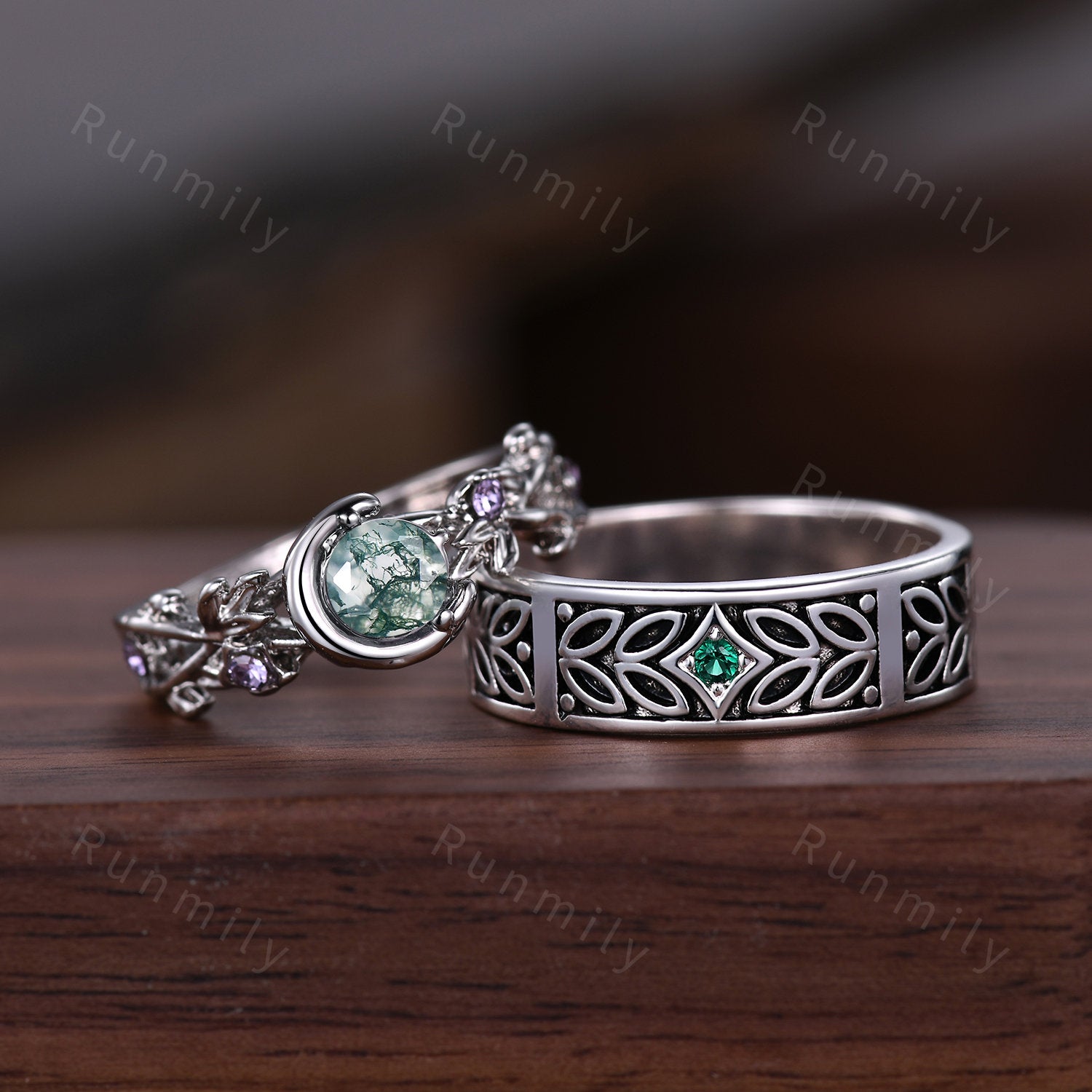 Nature inspired Moss Agate couples ring sterling silver matching ring set His and Her wedding band Mens emerald ring Anniversary rings