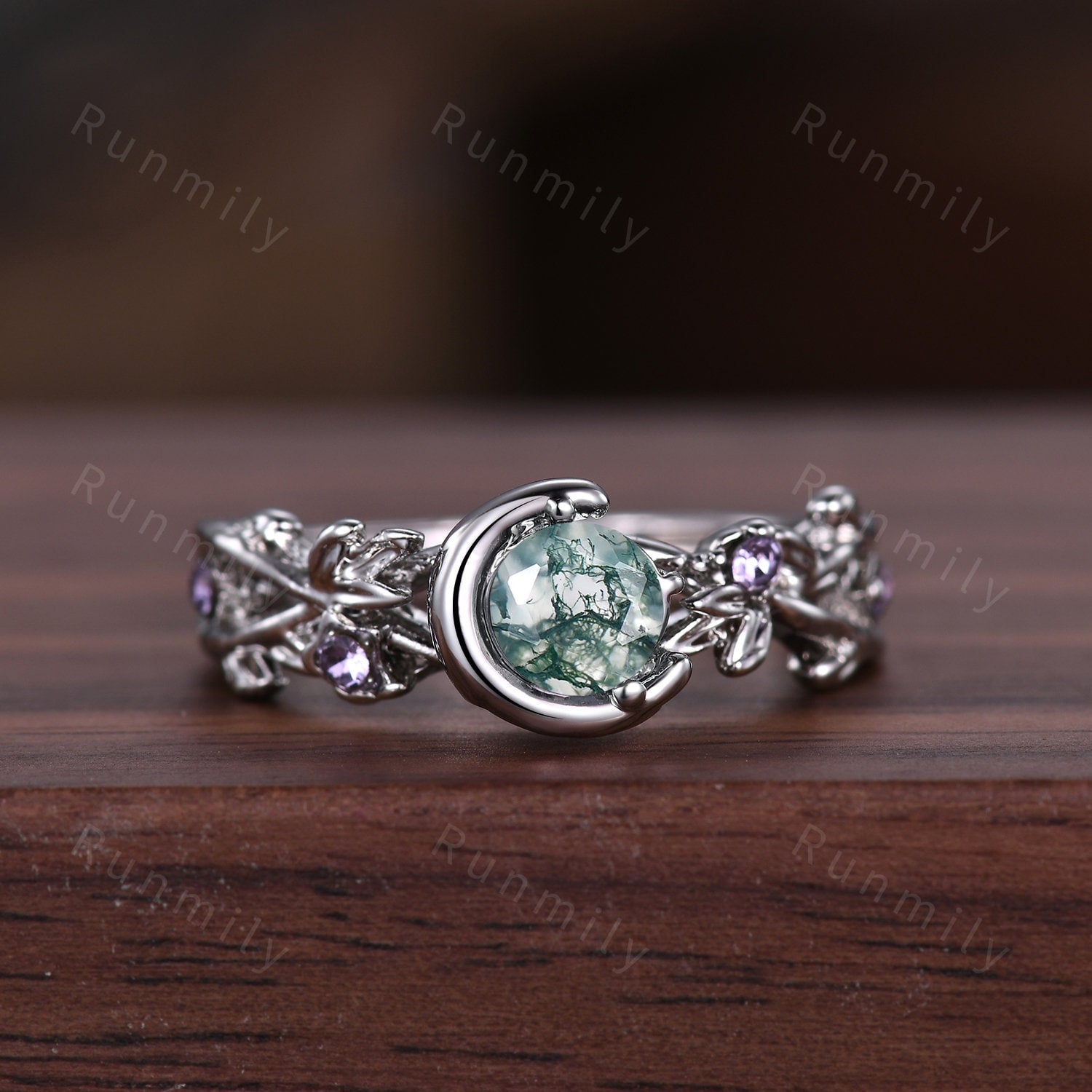 Nature inspired Moss Agate couples ring sterling silver matching ring set His and Her wedding band Mens emerald ring Anniversary rings