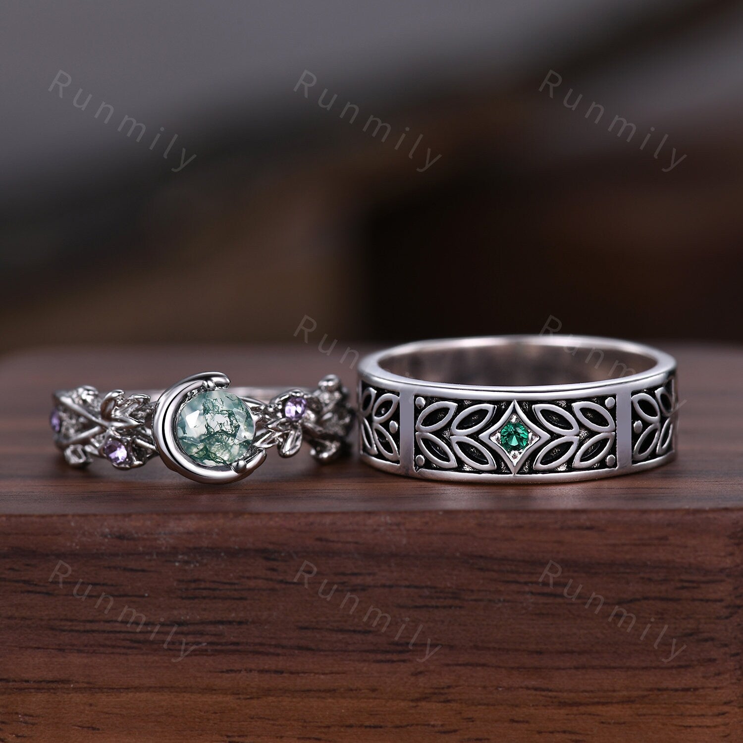 Nature inspired Moss Agate couples ring sterling silver matching ring set His and Her wedding band Mens emerald ring Anniversary rings