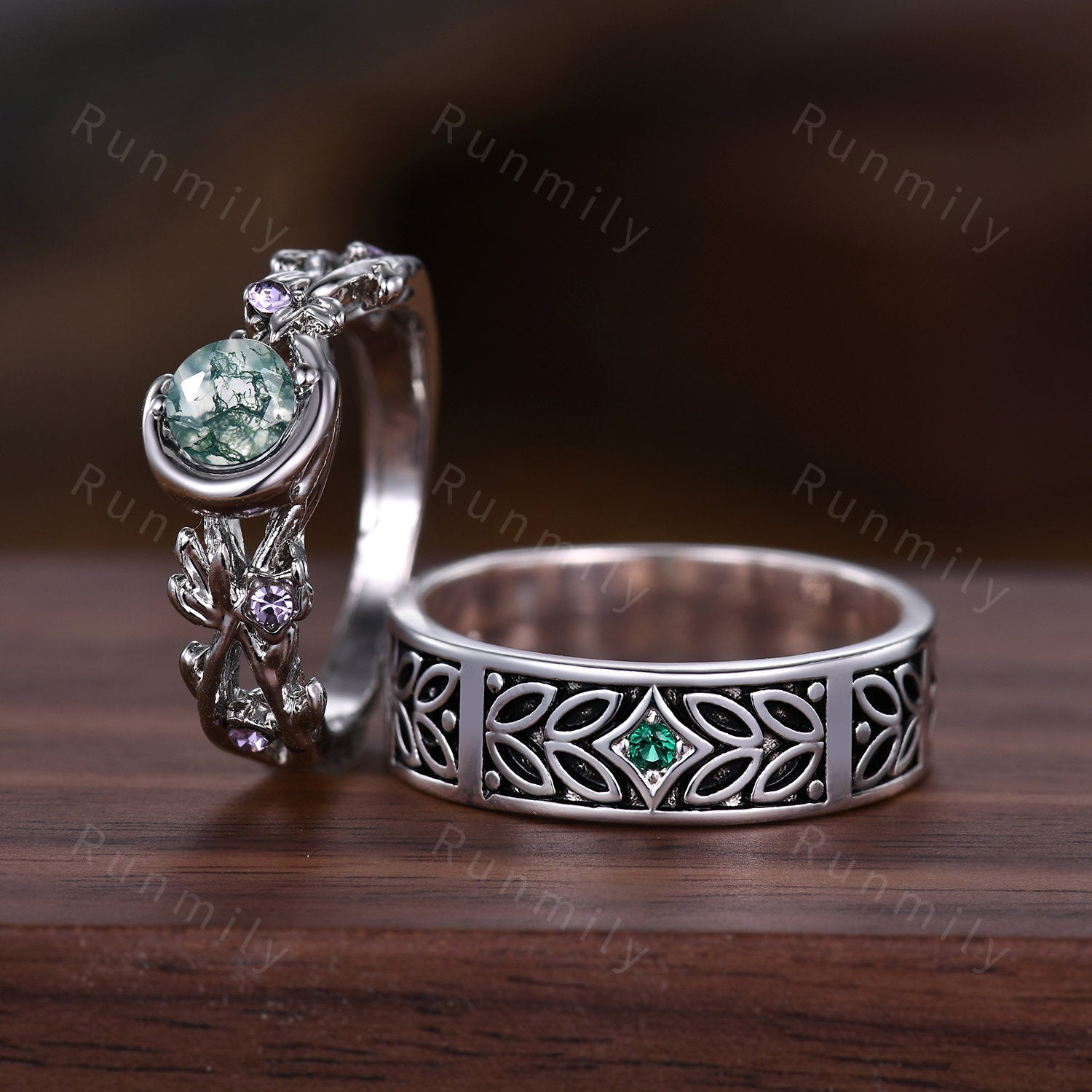 Nature inspired Moss Agate couples ring sterling silver matching ring set His and Her wedding band Mens emerald ring Anniversary rings