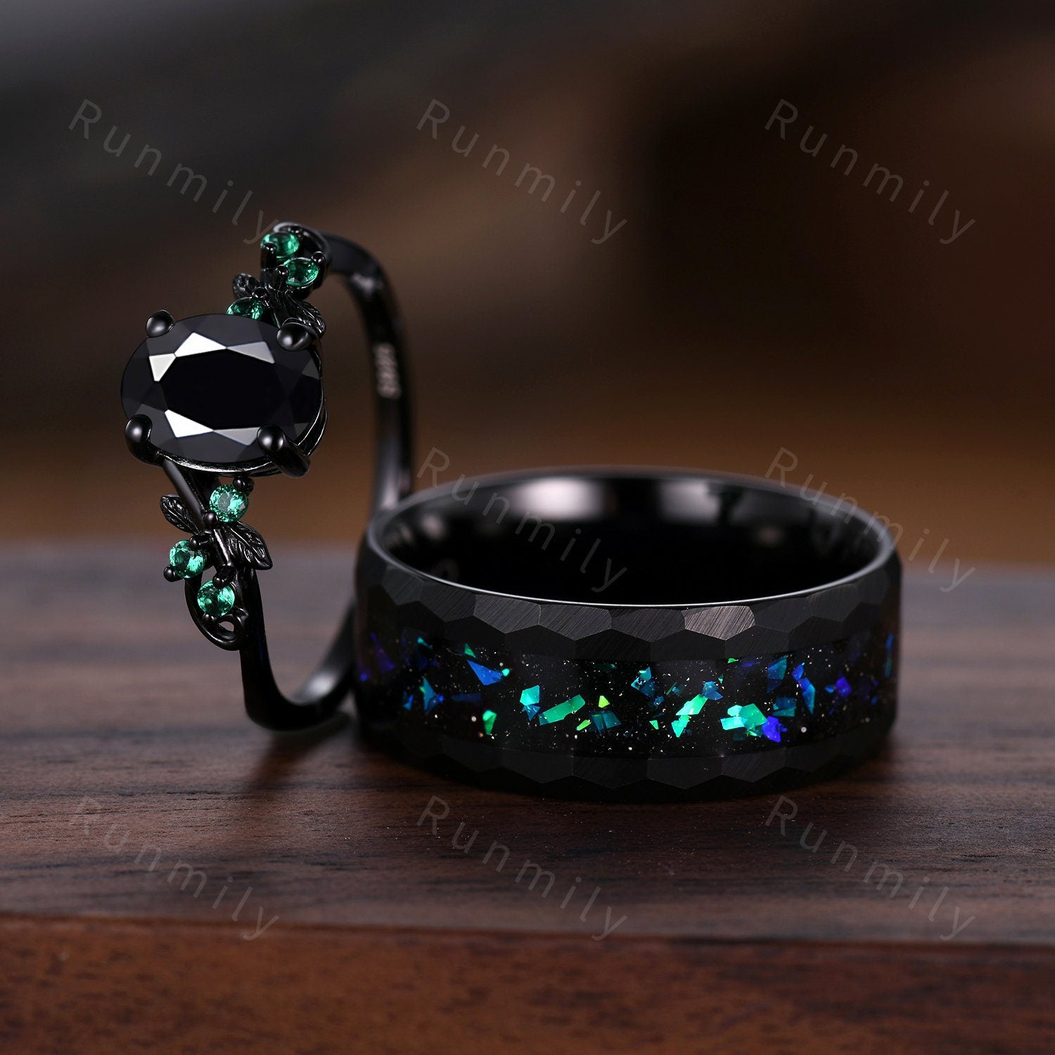 Vintage black onyx couples ring set black gold matching promise ring His and Her wedding band Mens opal tungsten ring anniversary gifts