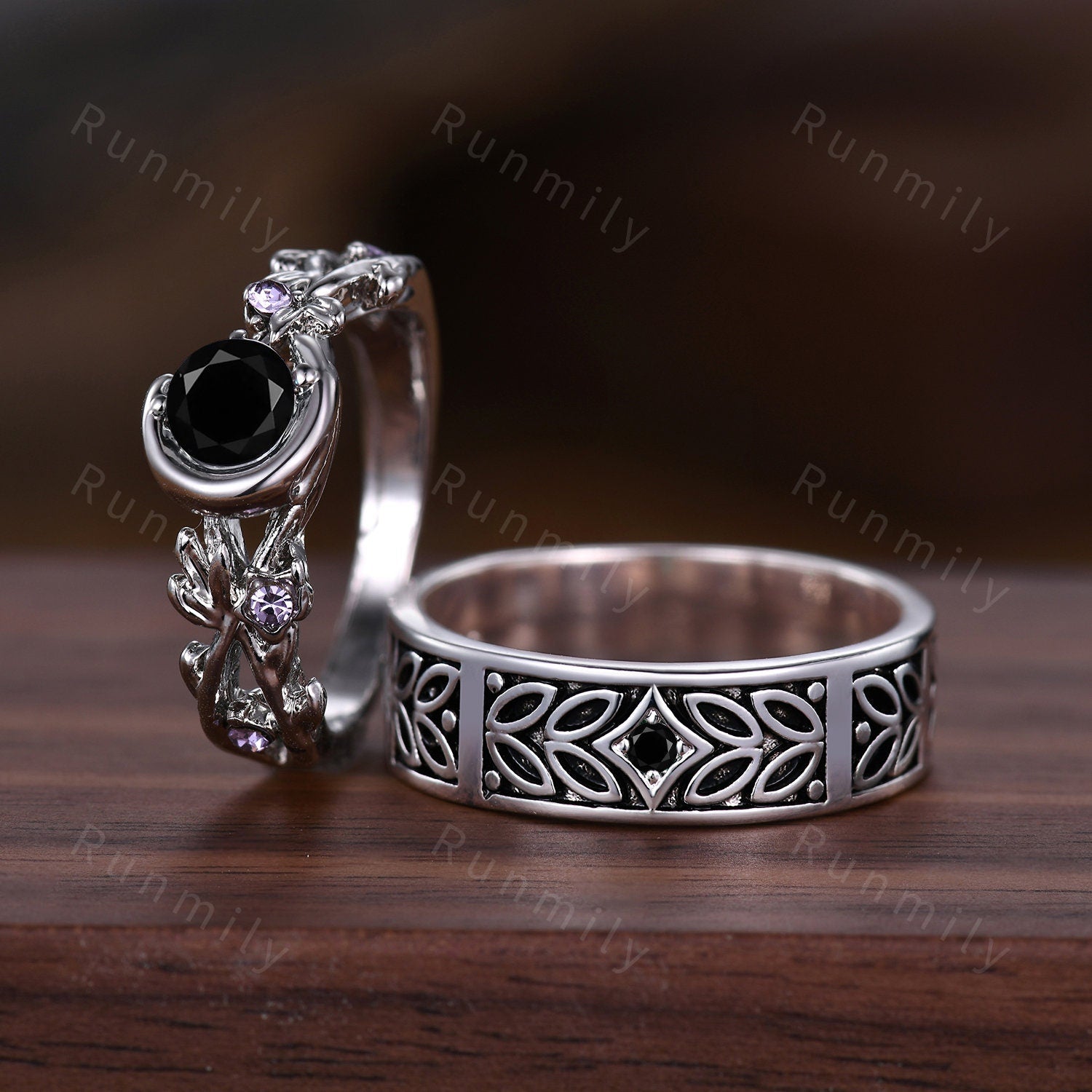 Vine Leaf Style Black Onyx Couples Ring Vintage Silver Matching Ring Set Twig Leaf His and Hers Wedding Band Mens Onyx Ring Black Gem Ring