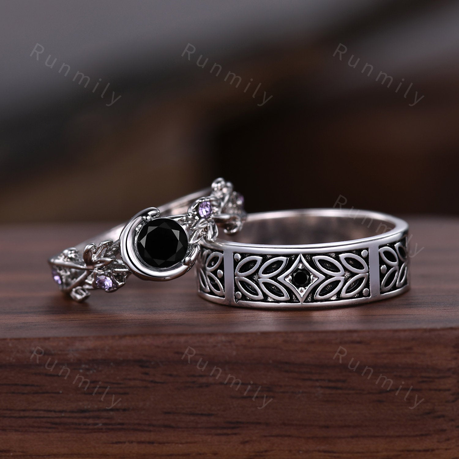 Vine Leaf Style Black Onyx Couples Ring Vintage Silver Matching Ring Set Twig Leaf His and Hers Wedding Band Mens Onyx Ring Black Gem Ring