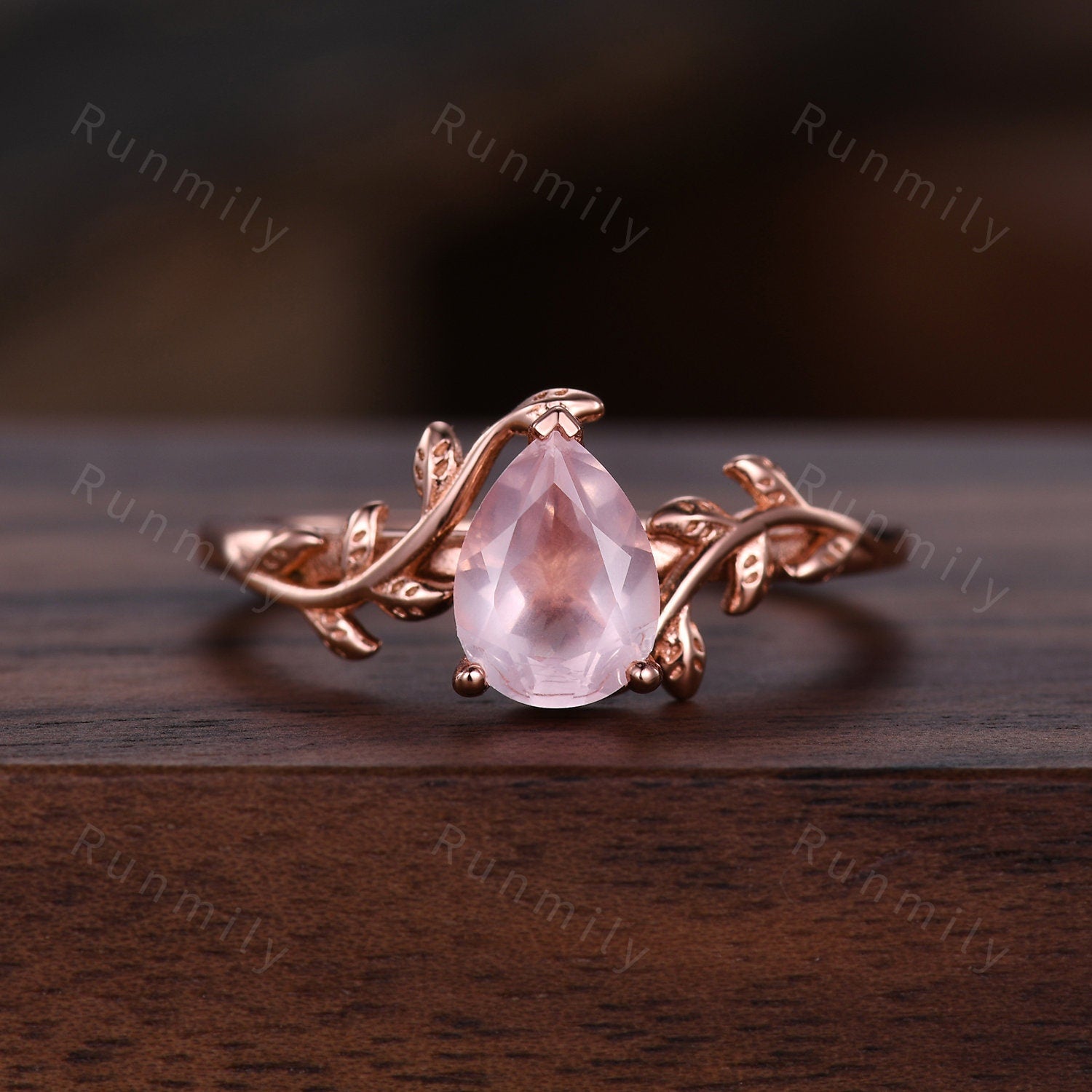 Pear cut rose quartz ring vintage twig leaf design ring women unique nature inspired engagement ring rose gold wedding ring pink stone ring