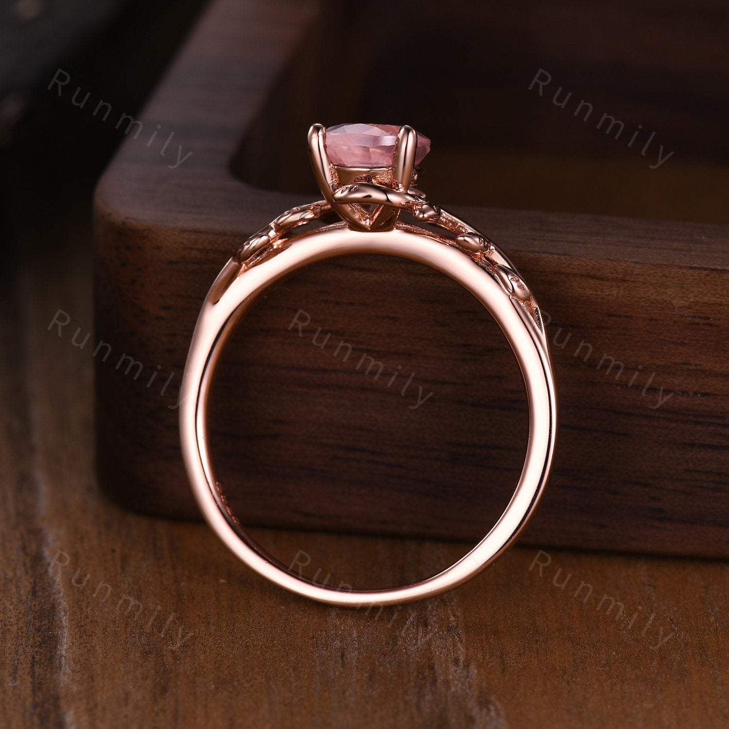 Pear cut rose quartz ring vintage twig leaf design ring women unique nature inspired engagement ring rose gold wedding ring pink stone ring