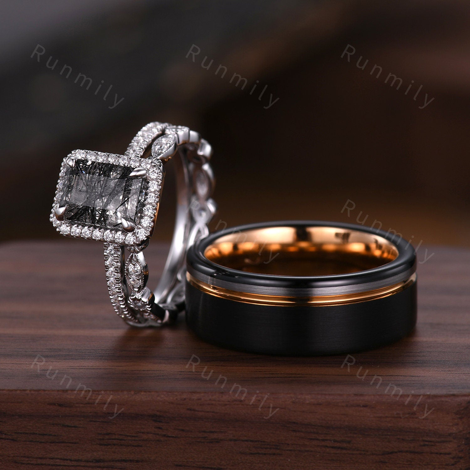 3pcs emerald cut black rutilated quartz engagement ring set silver rings for couples promise matching ring Mens black tungsten wedding band