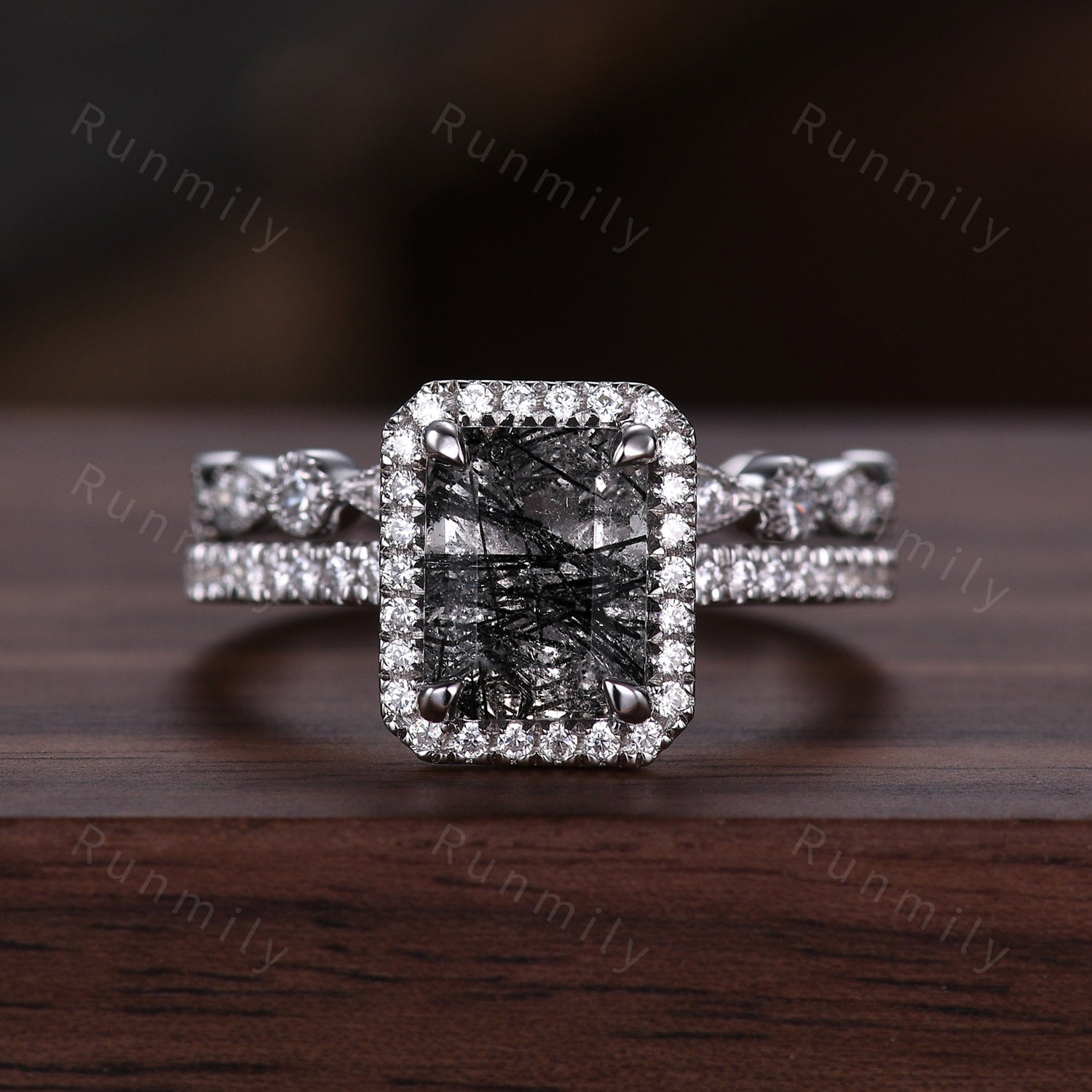 3pcs emerald cut black rutilated quartz engagement ring set silver rings for couples promise matching ring Mens black tungsten wedding band