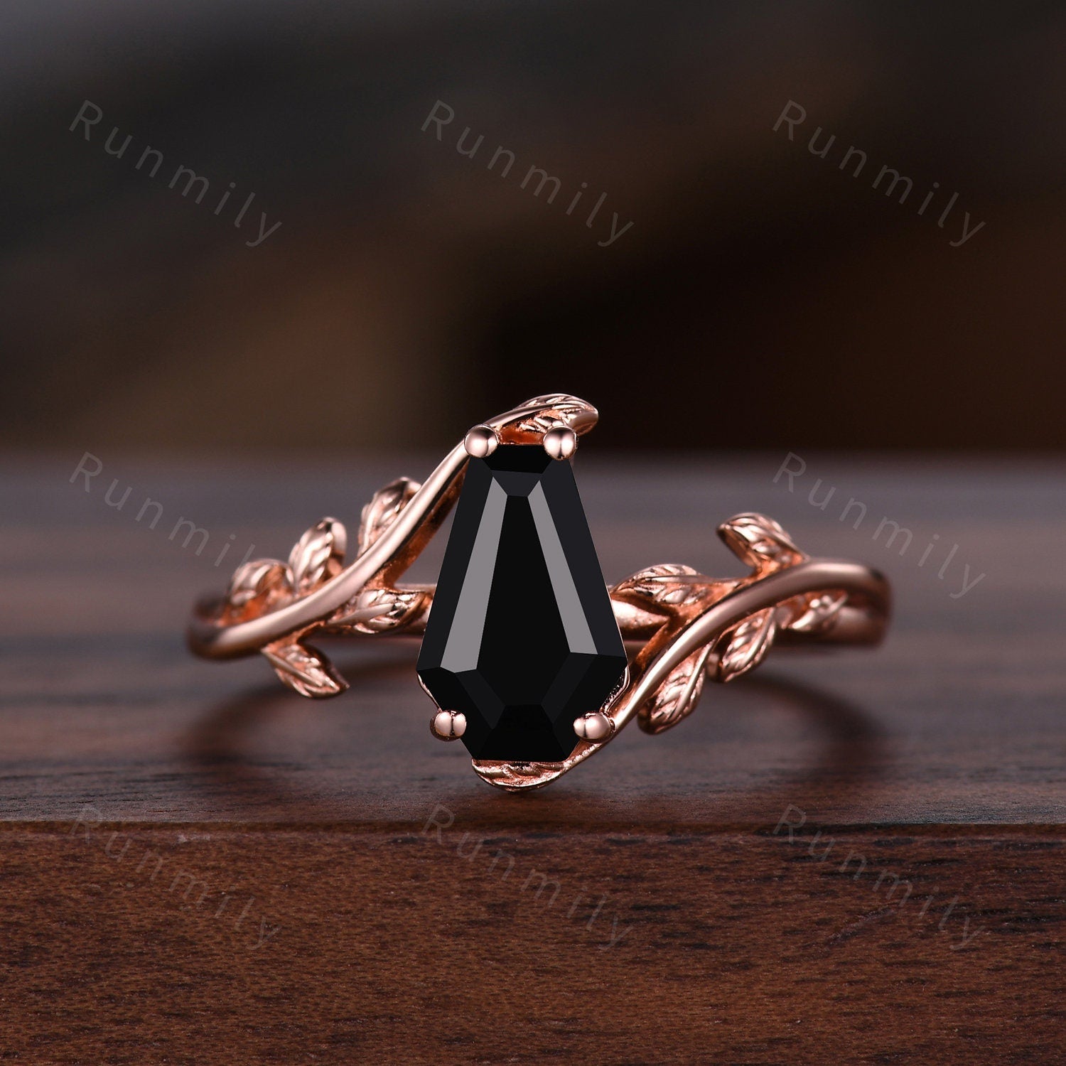 Coffin Cut Black Onyx Couples Ring Vintage Rose Gold Matching Ring Set Twig Leaf His and Hers Wedding Band Mens Onyx Ring Black Gem Ring