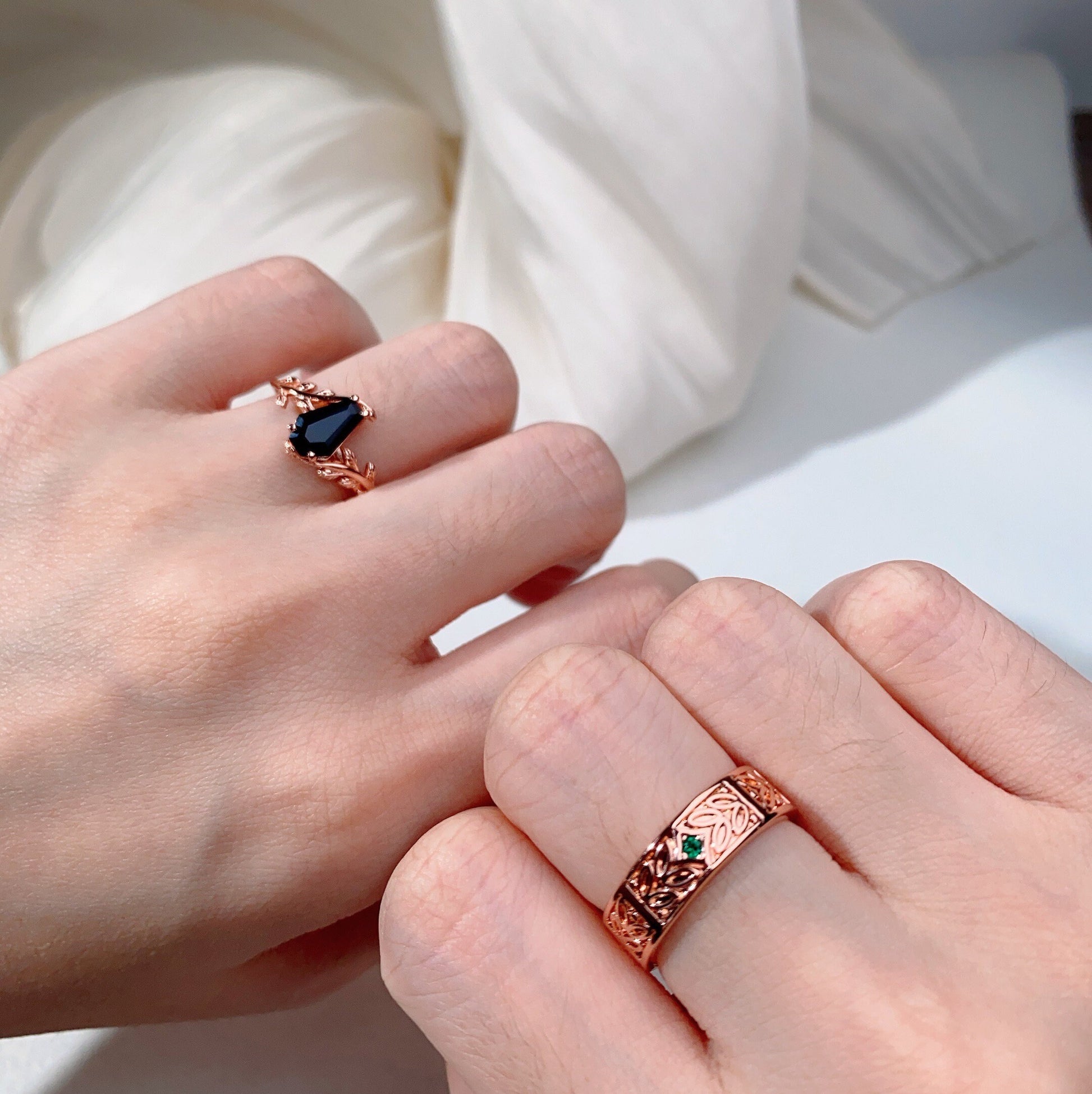 Coffin Cut Black Onyx Couples Ring Vintage Rose Gold Matching Ring Set Twig Leaf His and Hers Wedding Band Mens Onyx Ring Black Gem Ring