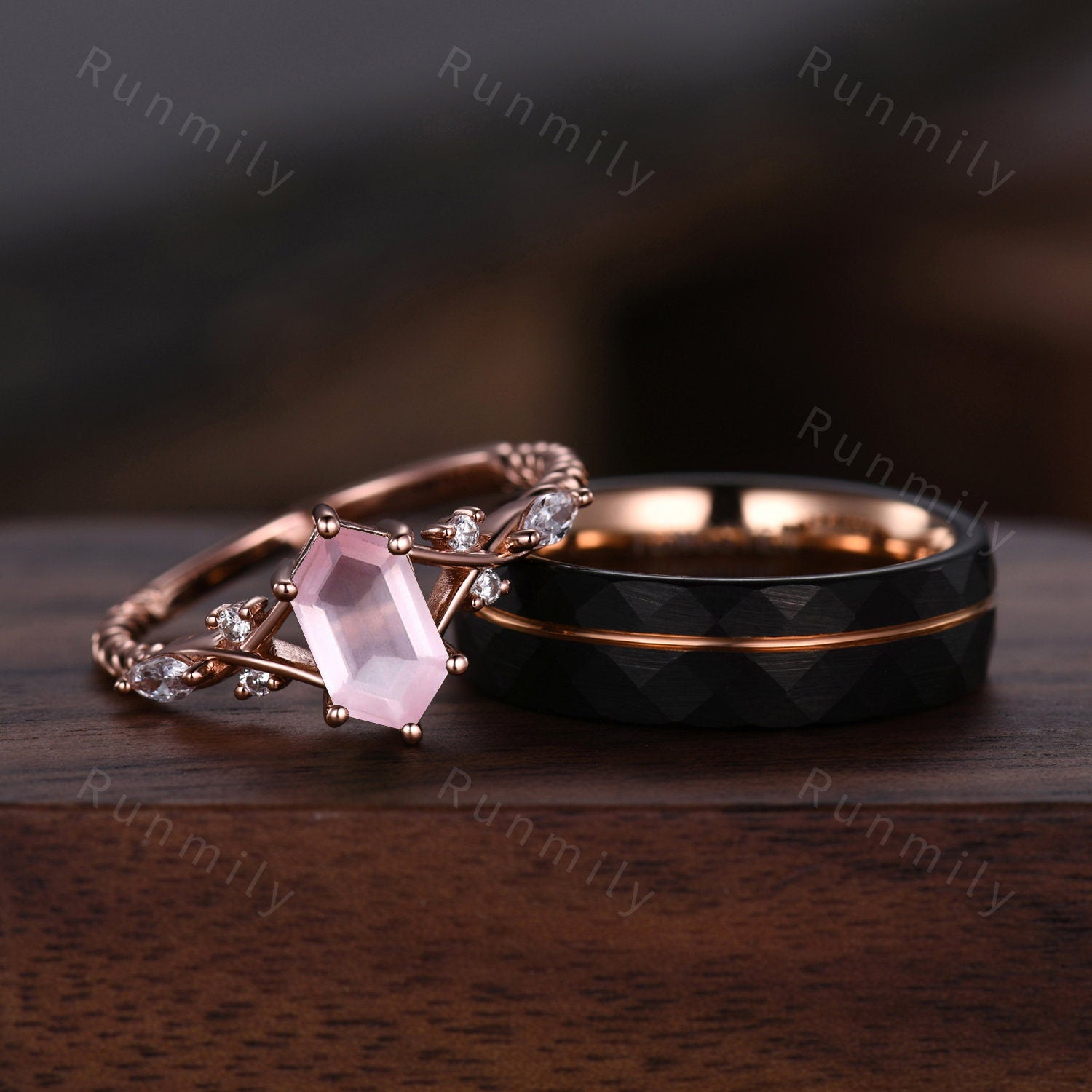 Vintage Rose Quartz Couples Ring Rose Gold Matching Ring Set His and Hers Wedding Band Promise Ring For Men For Women Natural Pink Gemstone