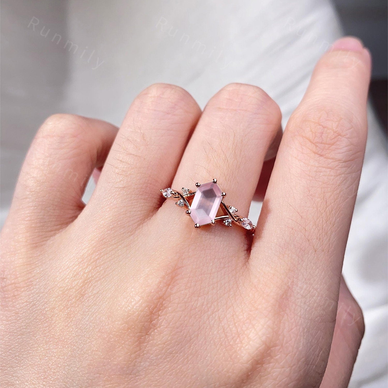 Vintage Rose Quartz Couples Ring Rose Gold Matching Ring Set His and Hers Wedding Band Promise Ring For Men For Women Natural Pink Gemstone