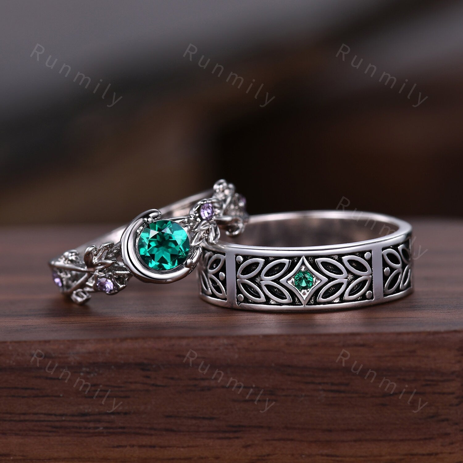 Nature inspired Green Emerald couples ring sterling silver matching ring set His and Her wedding band Mens emerald ring Anniversary rings