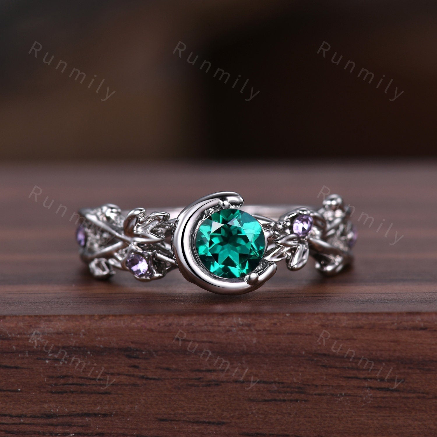 Nature inspired Green Emerald couples ring sterling silver matching ring set His and Her wedding band Mens emerald ring Anniversary rings