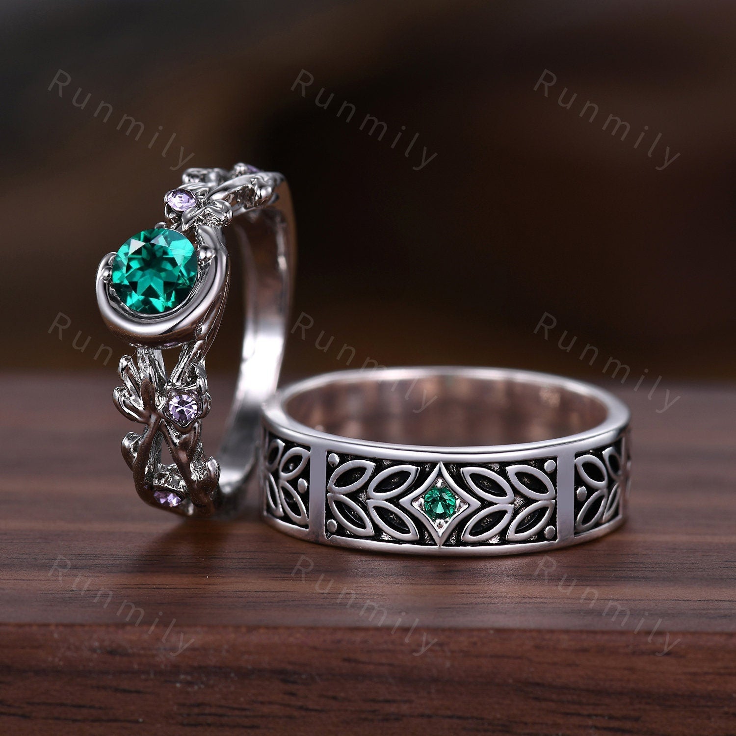 Nature inspired Green Emerald couples ring sterling silver matching ring set His and Her wedding band Mens emerald ring Anniversary rings