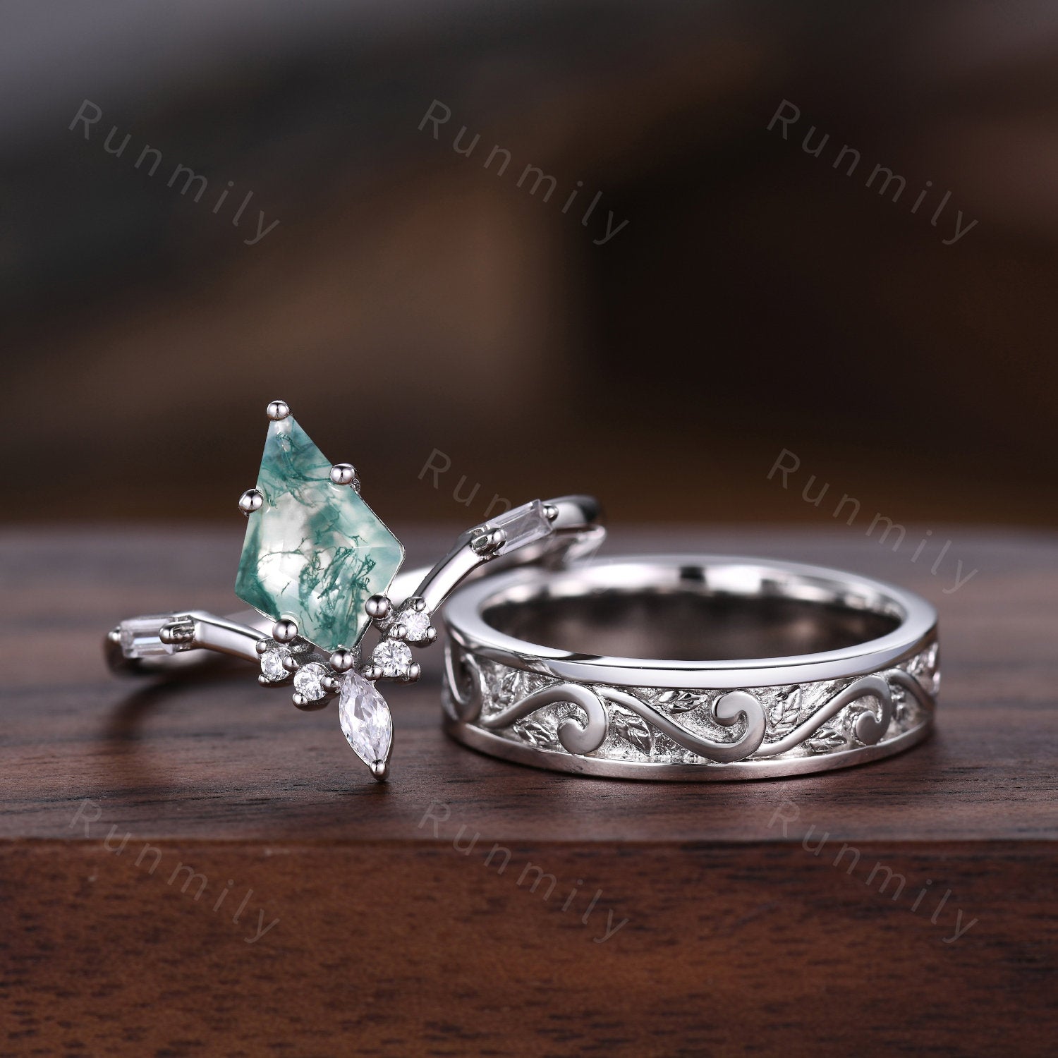 Kite cut moss agate couples ring sterling silver unique art deco wedding ring set twig leaf Mens wedding band Natural agate ring for Women