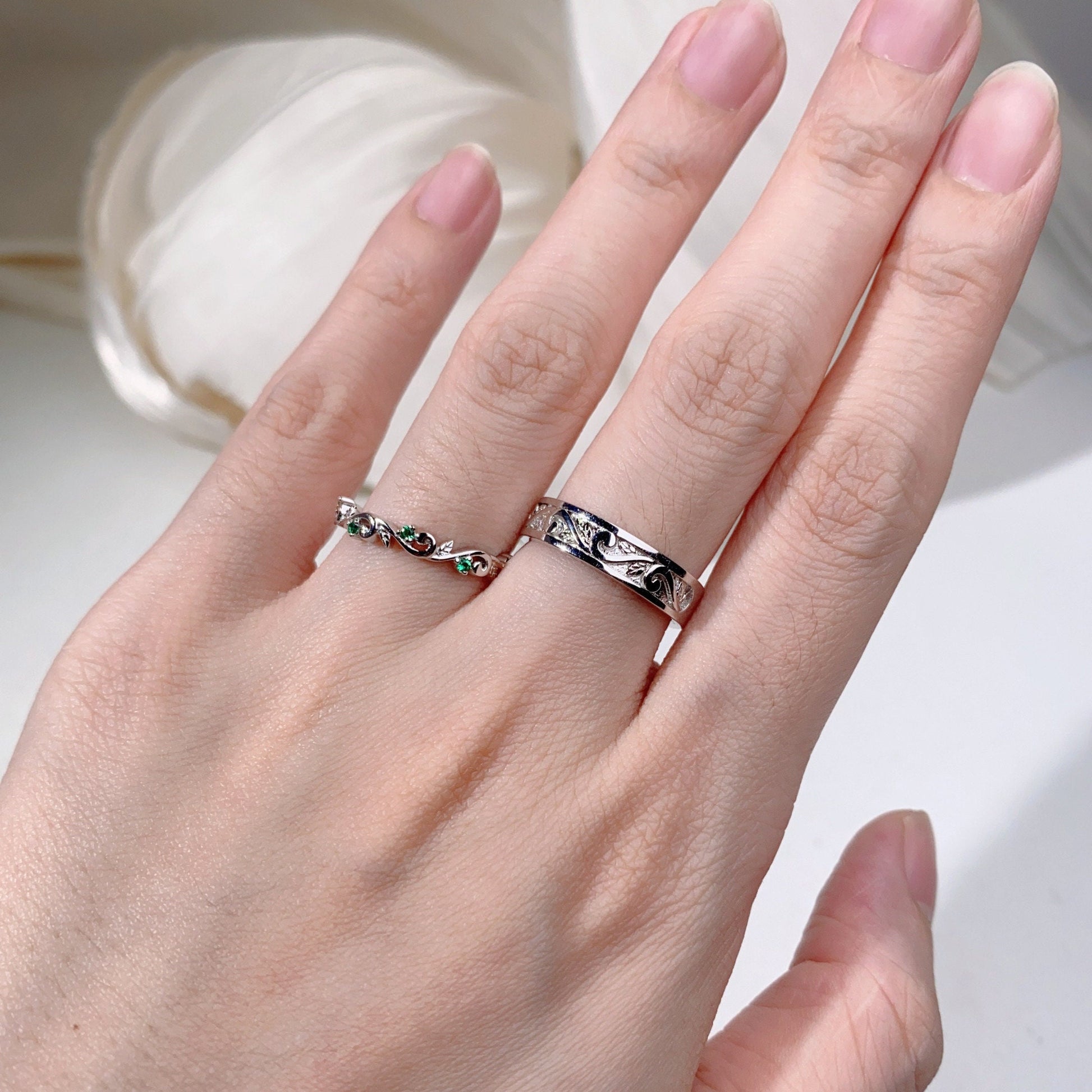 2pcs Couple Rings Set Inspired Leaf Blue Sapphire Engagement Rings For Women Vintage Leaf Band For Men Unique Wedding Anniversary Ring Set