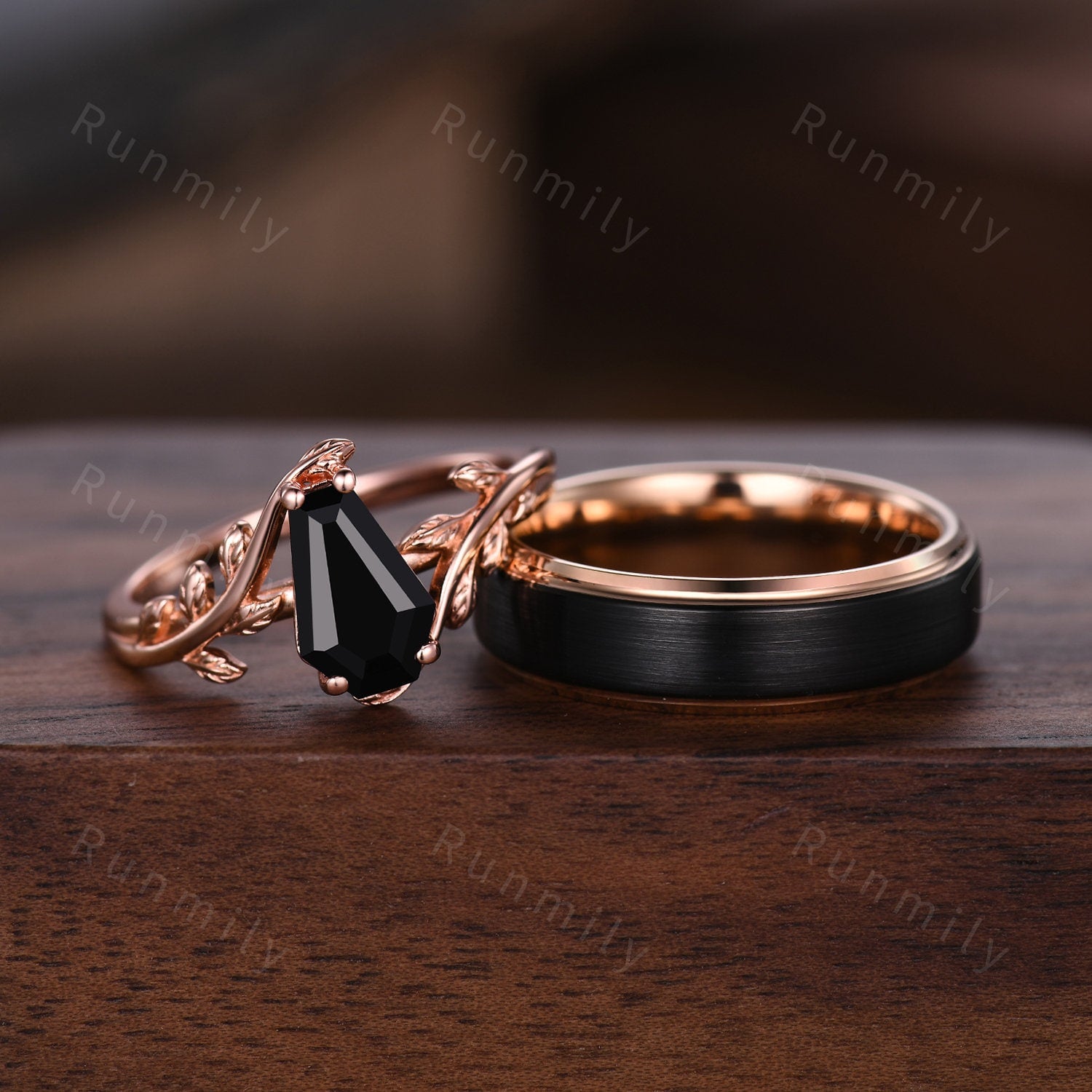 Coffin cut Black Onyx Couples Ring Rose Gold Wedding Ring Set His and Hers Wedding Band Mens Black Gold Ring Women Nature Inspired Ring