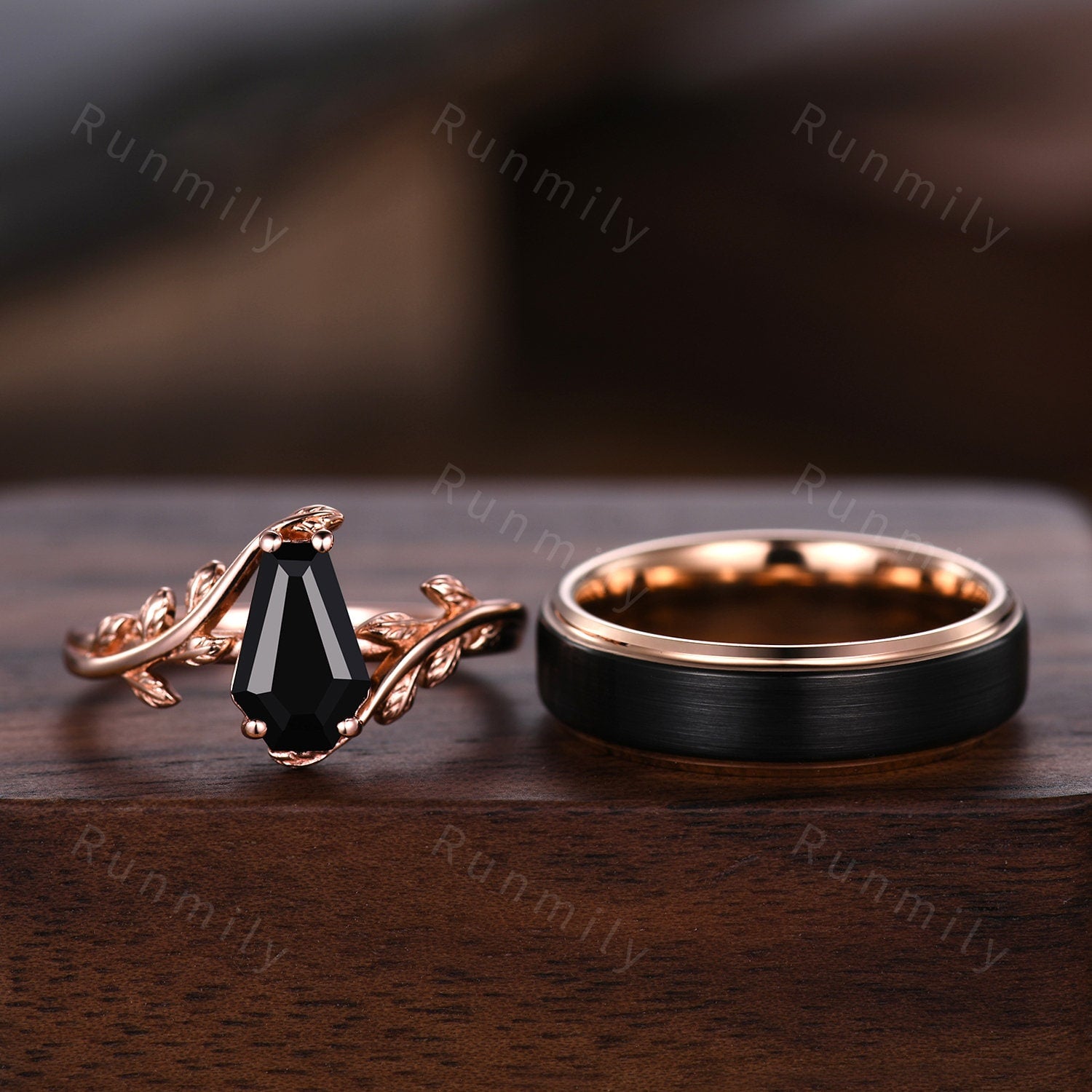 Coffin cut Black Onyx Couples Ring Rose Gold Wedding Ring Set His and Hers Wedding Band Mens Black Gold Ring Women Nature Inspired Ring
