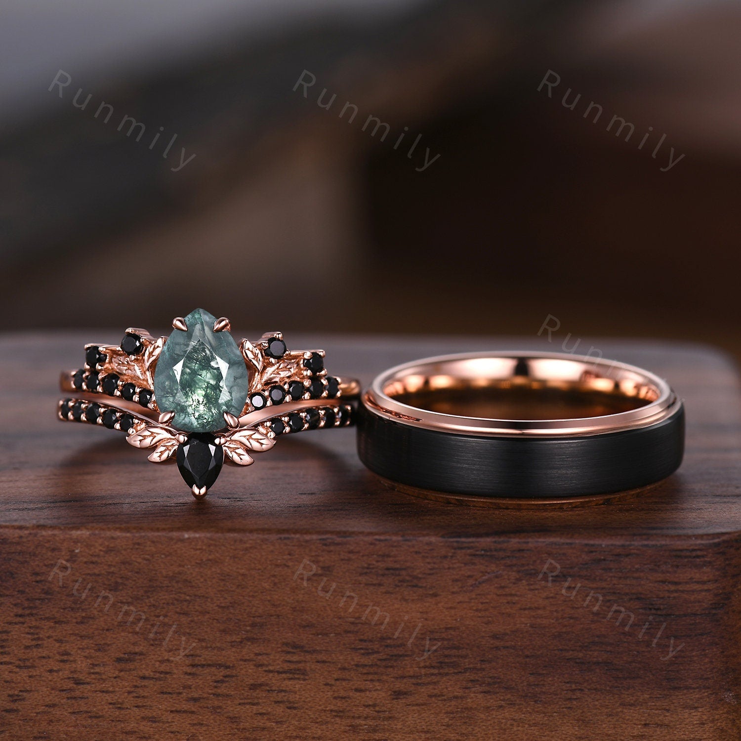 Vintage Pear Moss Agate Couples Ring Rose Gold Matching Ring Set His and Hers Wedding Band Green Agate Ring For Men For Women Promise Ring