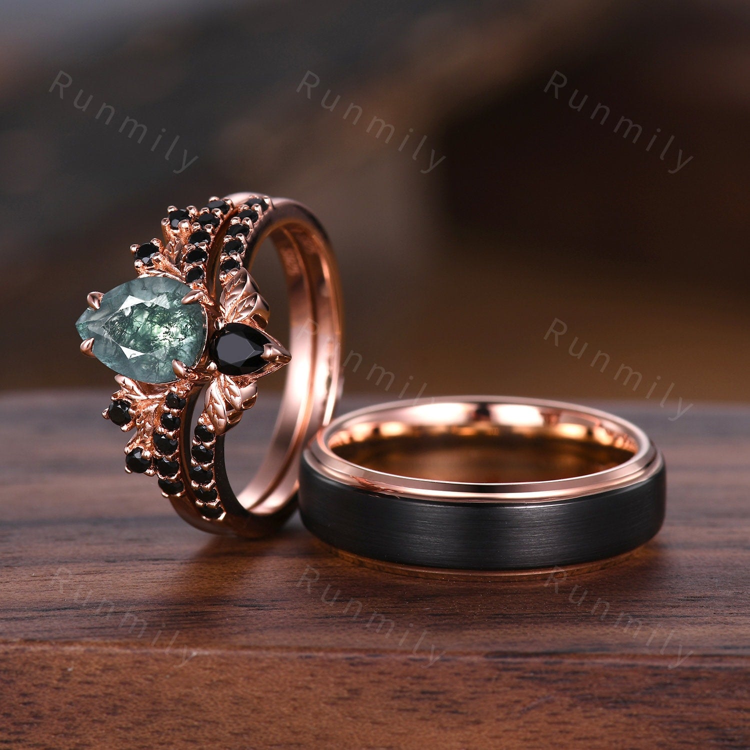 Vintage Pear Moss Agate Couples Ring Rose Gold Matching Ring Set His and Hers Wedding Band Green Agate Ring For Men For Women Promise Ring