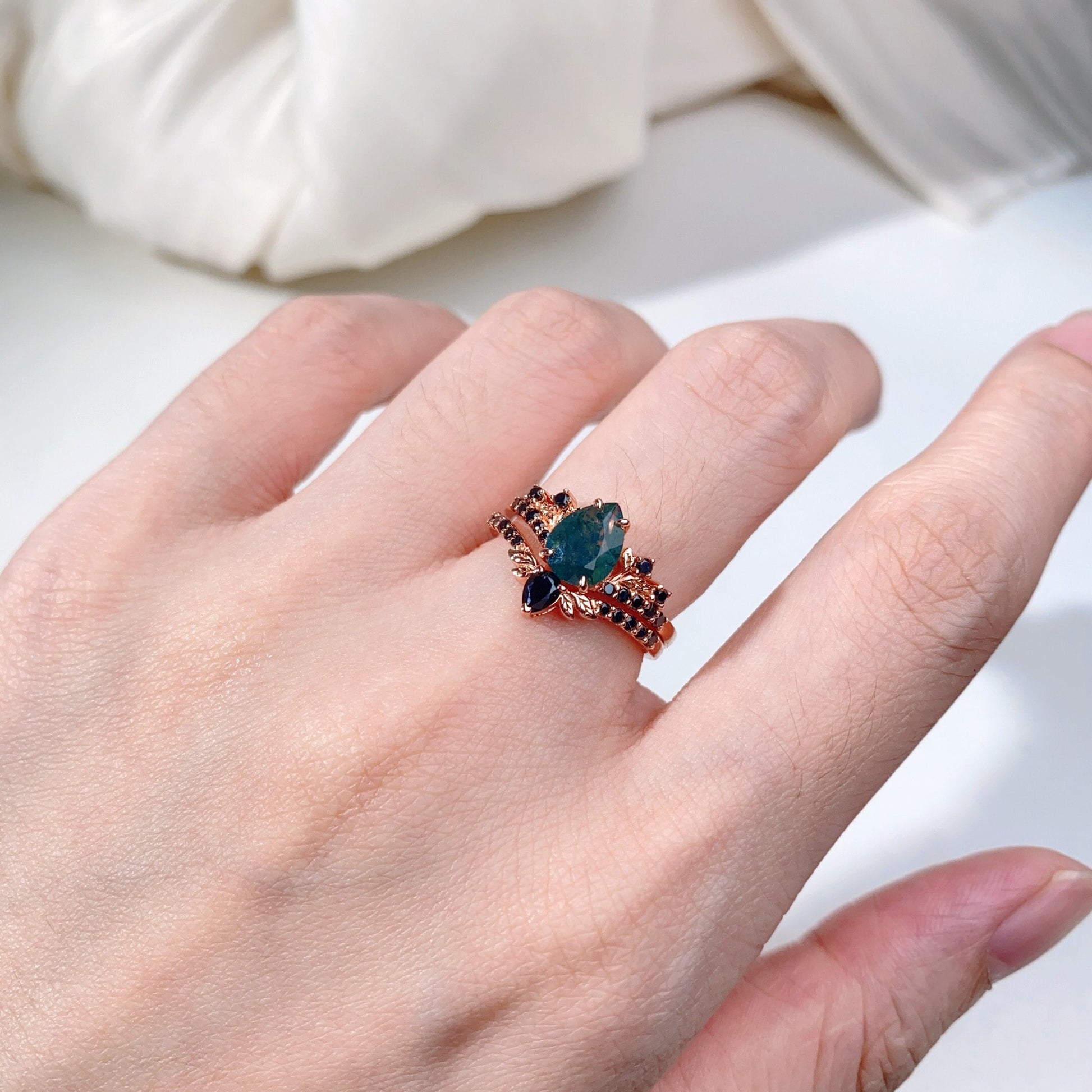 Vintage Pear Moss Agate Couples Ring Rose Gold Matching Ring Set His and Hers Wedding Band Green Agate Ring For Men For Women Promise Ring