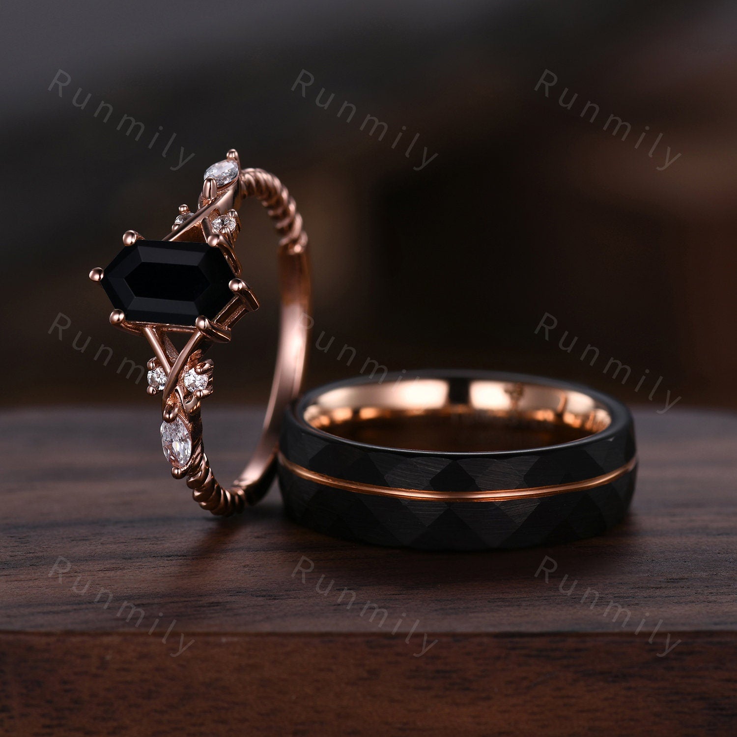 Vintage Black Onyx Couples Ring Rose Gold Matching Ring Set His and Hers Wedding Band Promise Ring For Men For Women Natural Black Gemstone