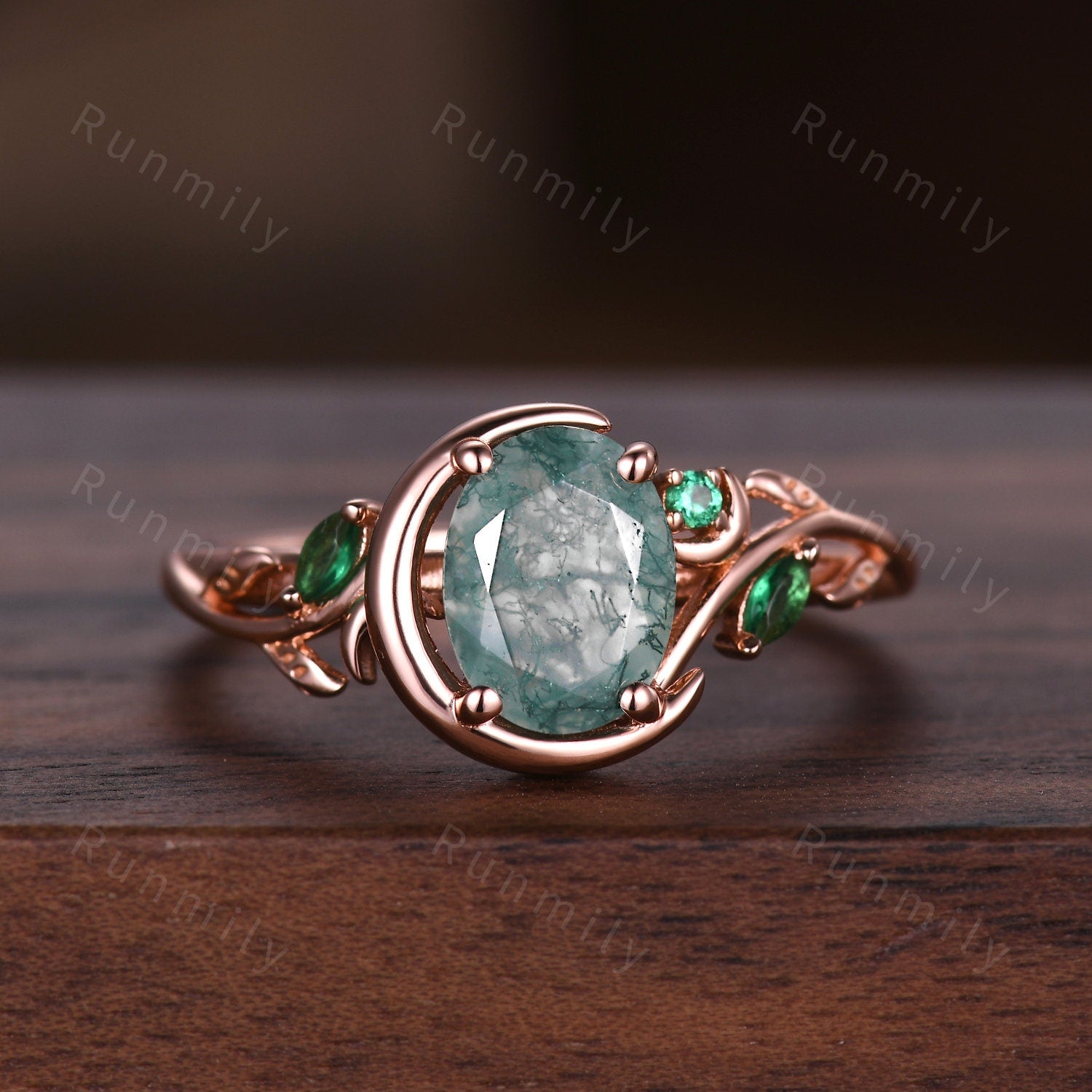 Green Moss Agate Ring Set, His and Hers Wedding Band Rose Gold Matching Ring Set Vintage Moon Engagement Ring Nature Leaf Style Couples Ring