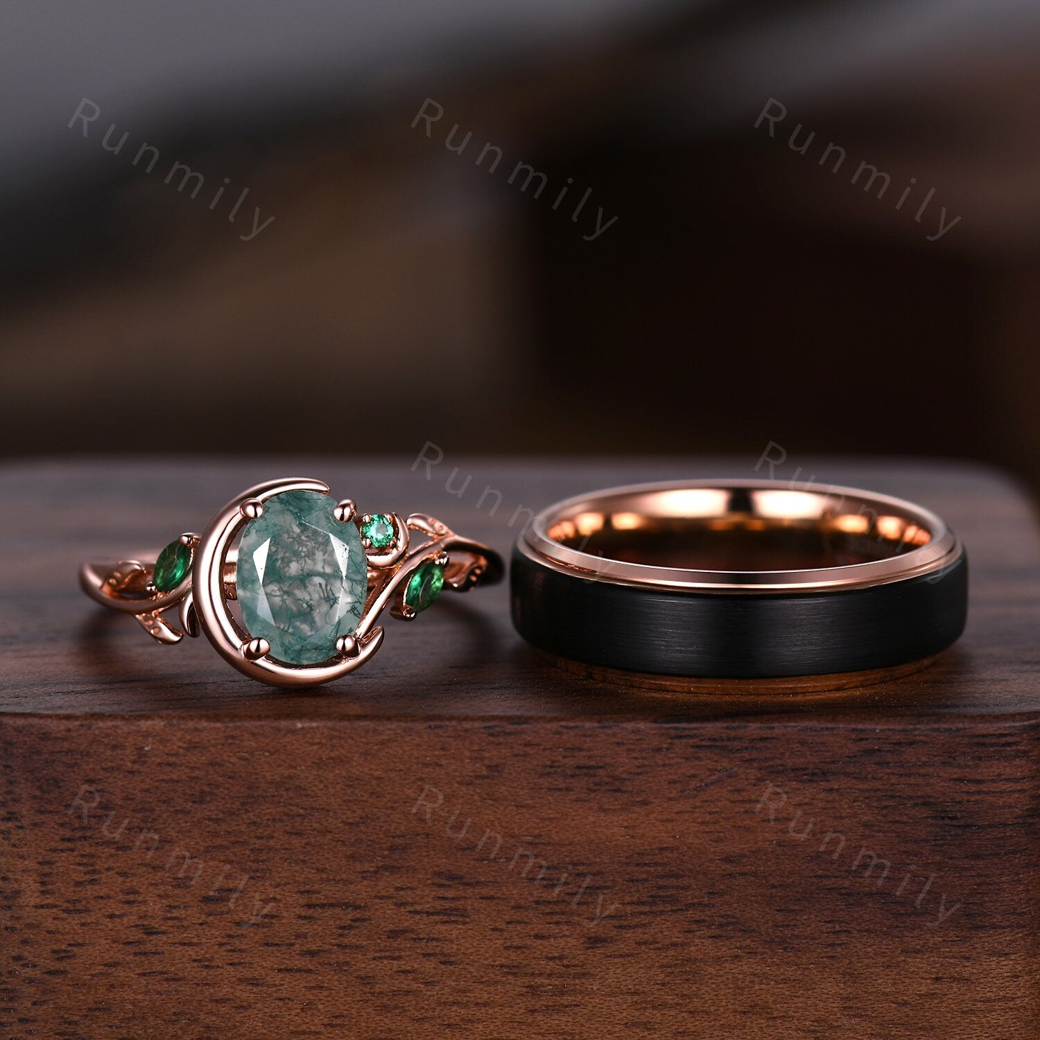 Green Moss Agate Ring Set, His and Hers Wedding Band Rose Gold Matching Ring Set Vintage Moon Engagement Ring Nature Leaf Style Couples Ring