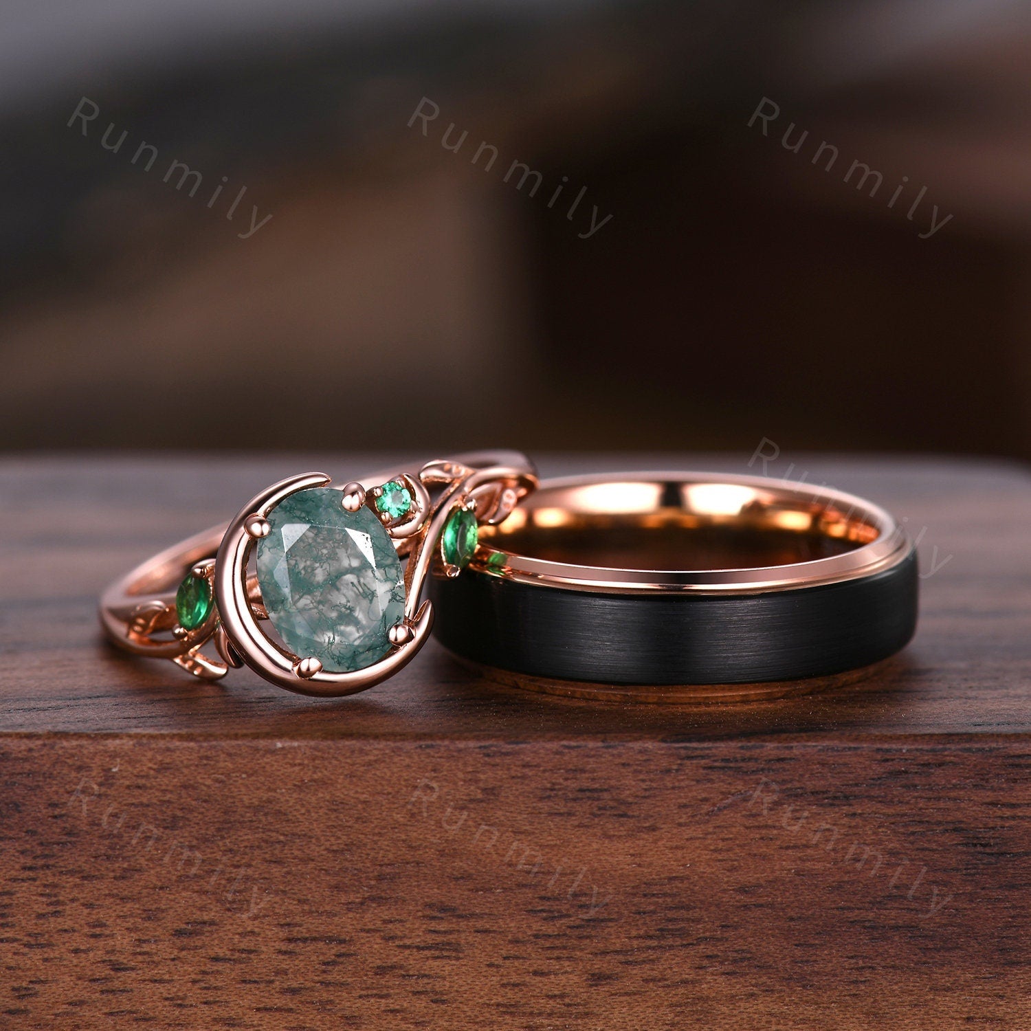 Green Moss Agate Ring Set, His and Hers Wedding Band Rose Gold Matching Ring Set Vintage Moon Engagement Ring Nature Leaf Style Couples Ring
