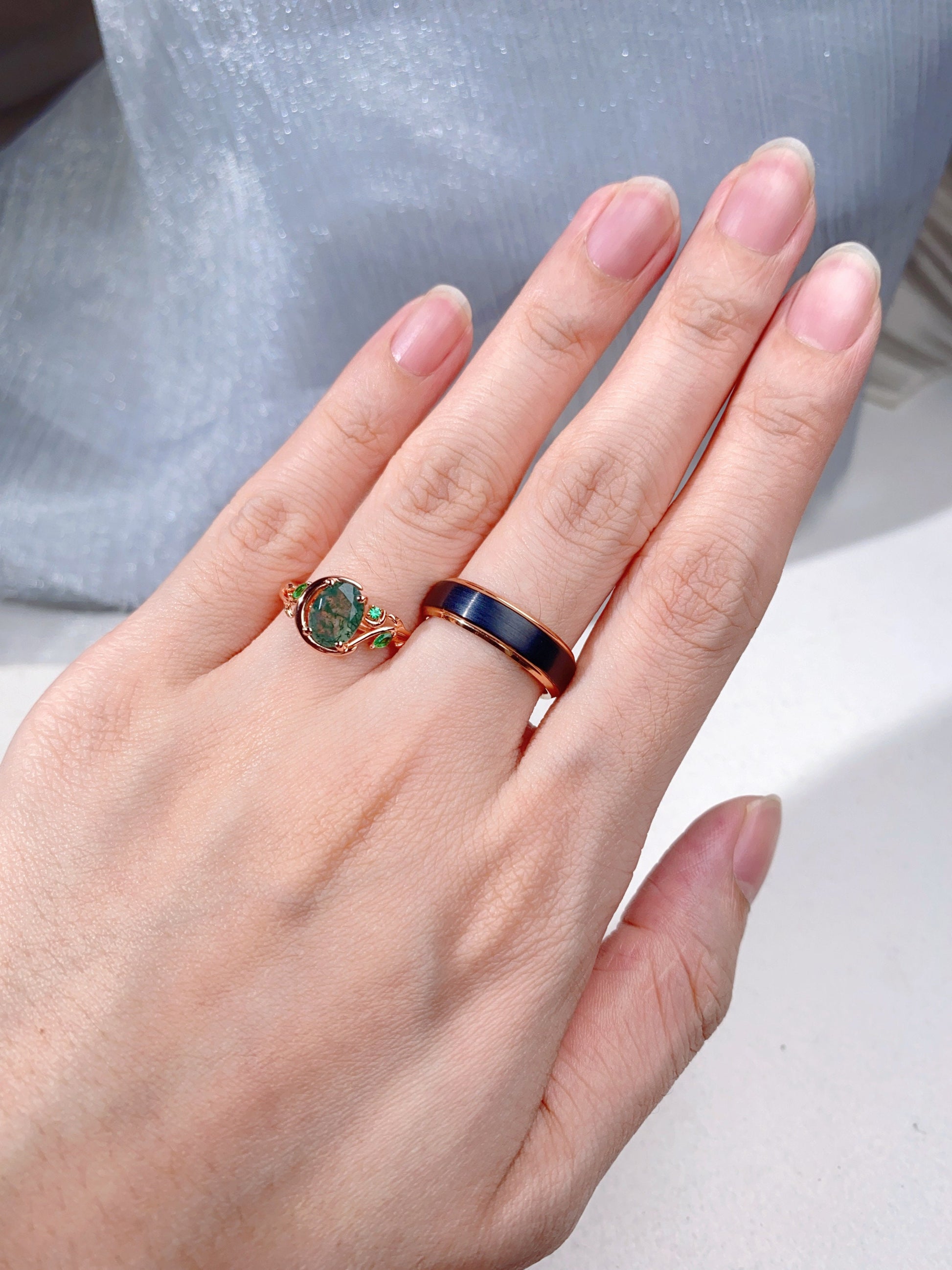 Green Moss Agate Ring Set, His and Hers Wedding Band Rose Gold Matching Ring Set Vintage Moon Engagement Ring Nature Leaf Style Couples Ring