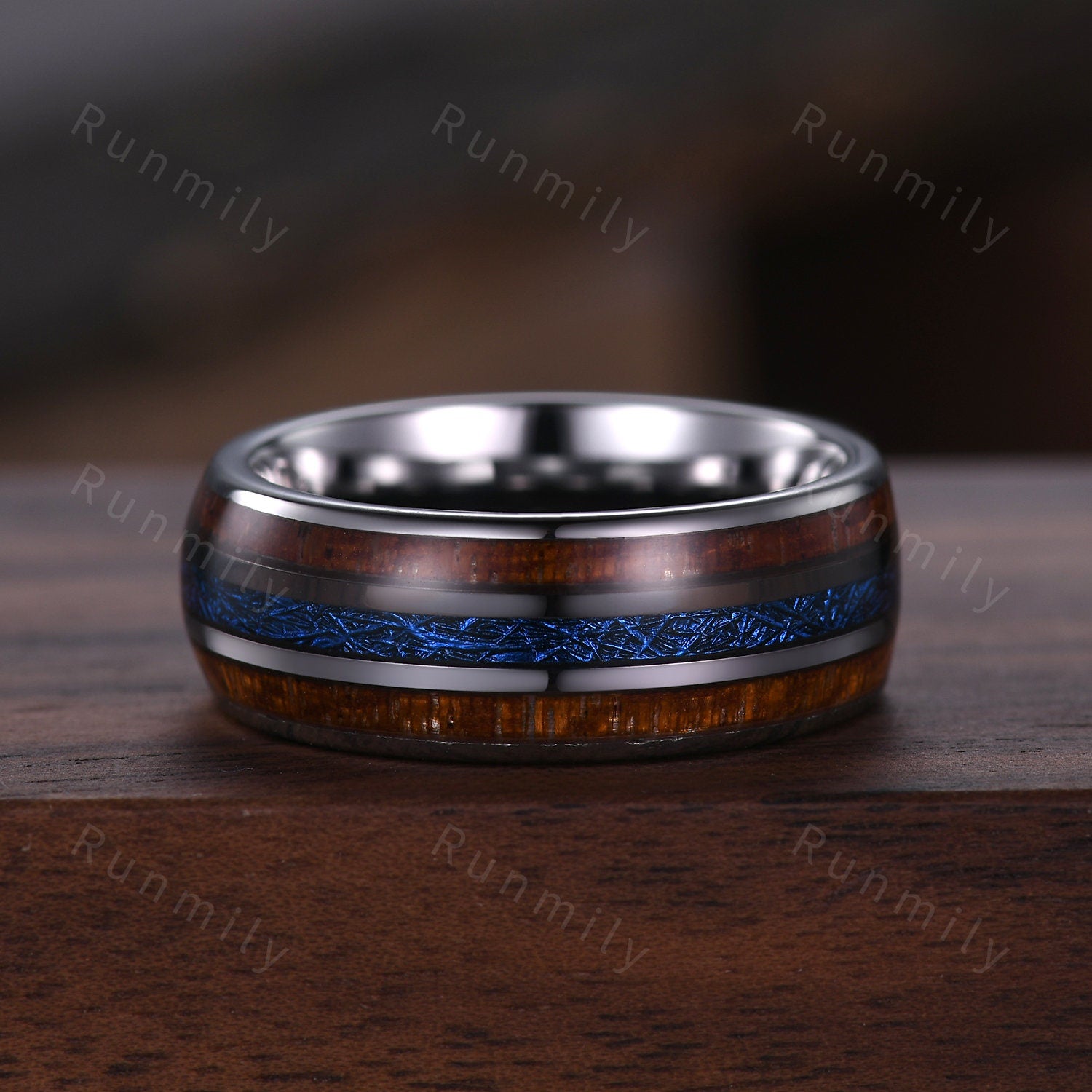 Meteorite & Koa Wood Inlays Tungsten Wedding Band 8mm Mens Wedding Ring Unique Wooden Ring For Mens Comfort Fit Engagement Anniversary Gift