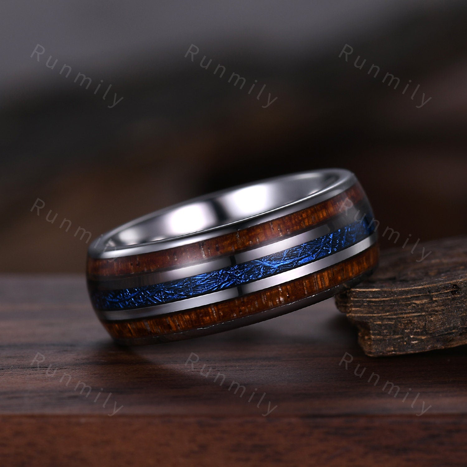 Meteorite & Koa Wood Inlays Tungsten Wedding Band 8mm Mens Wedding Ring Unique Wooden Ring For Mens Comfort Fit Engagement Anniversary Gift