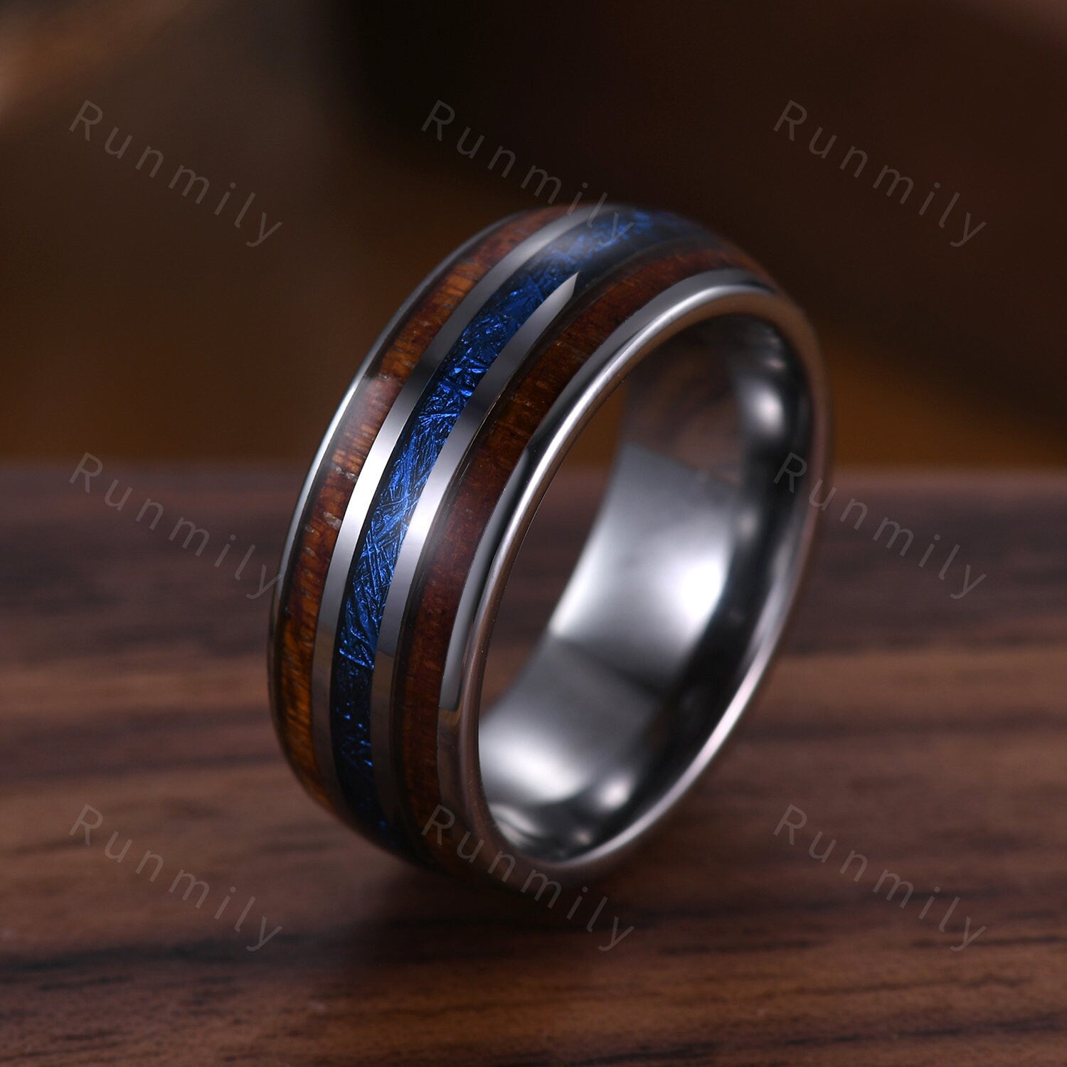 Meteorite & Koa Wood Inlays Tungsten Wedding Band 8mm Mens Wedding Ring Unique Wooden Ring For Mens Comfort Fit Engagement Anniversary Gift