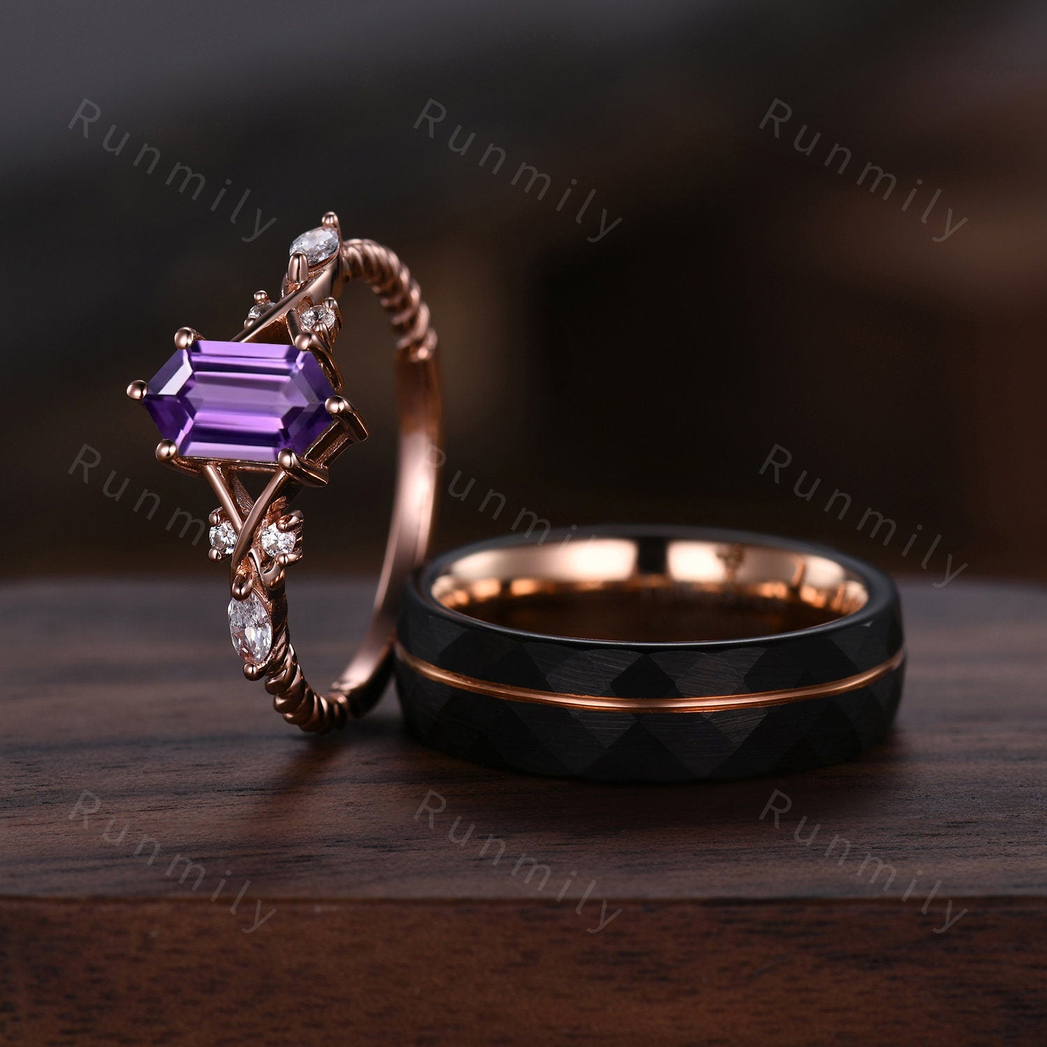 Vintage Amethyst Couples Ring Rose Gold Matching Ring Set His and Hers Wedding Band Promise Ring For Men For Women Purple Gemstone Ring