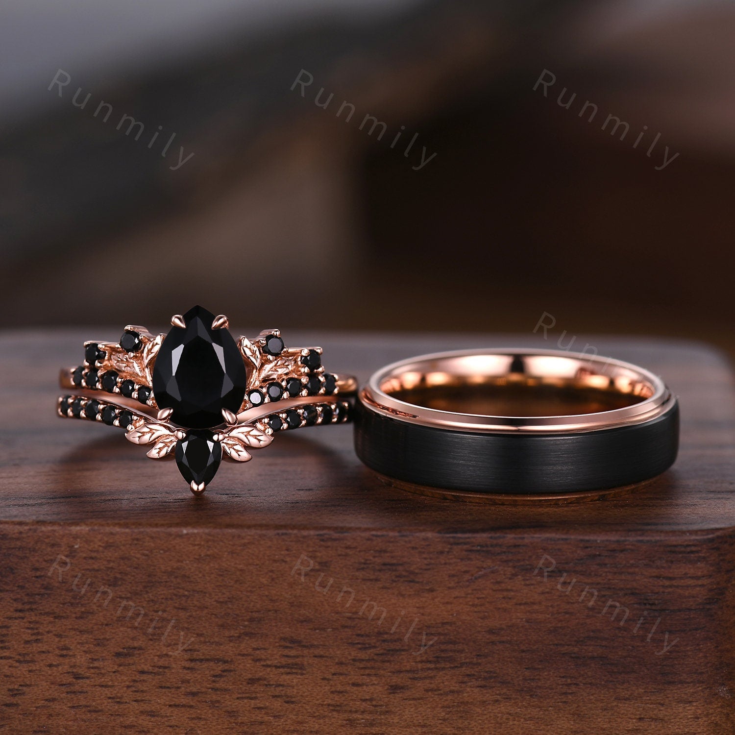 Black Onyx Couples Ring Vintage Rose Gold Matching Ring Set His and Hers Wedding Band Black Gemstone Promise Ring For Men For Women Gift