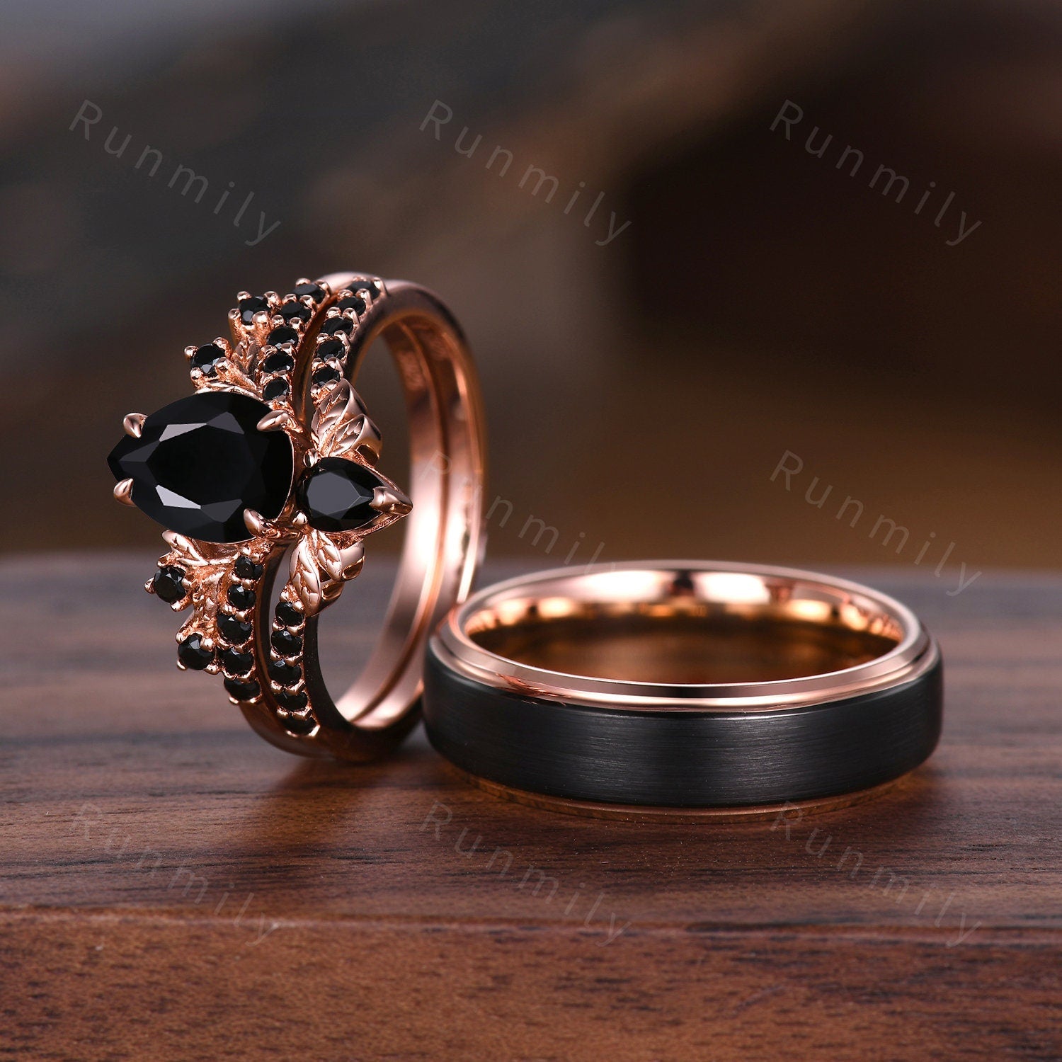 Black Onyx Couples Ring Vintage Rose Gold Matching Ring Set His and Hers Wedding Band Black Gemstone Promise Ring For Men For Women Gift