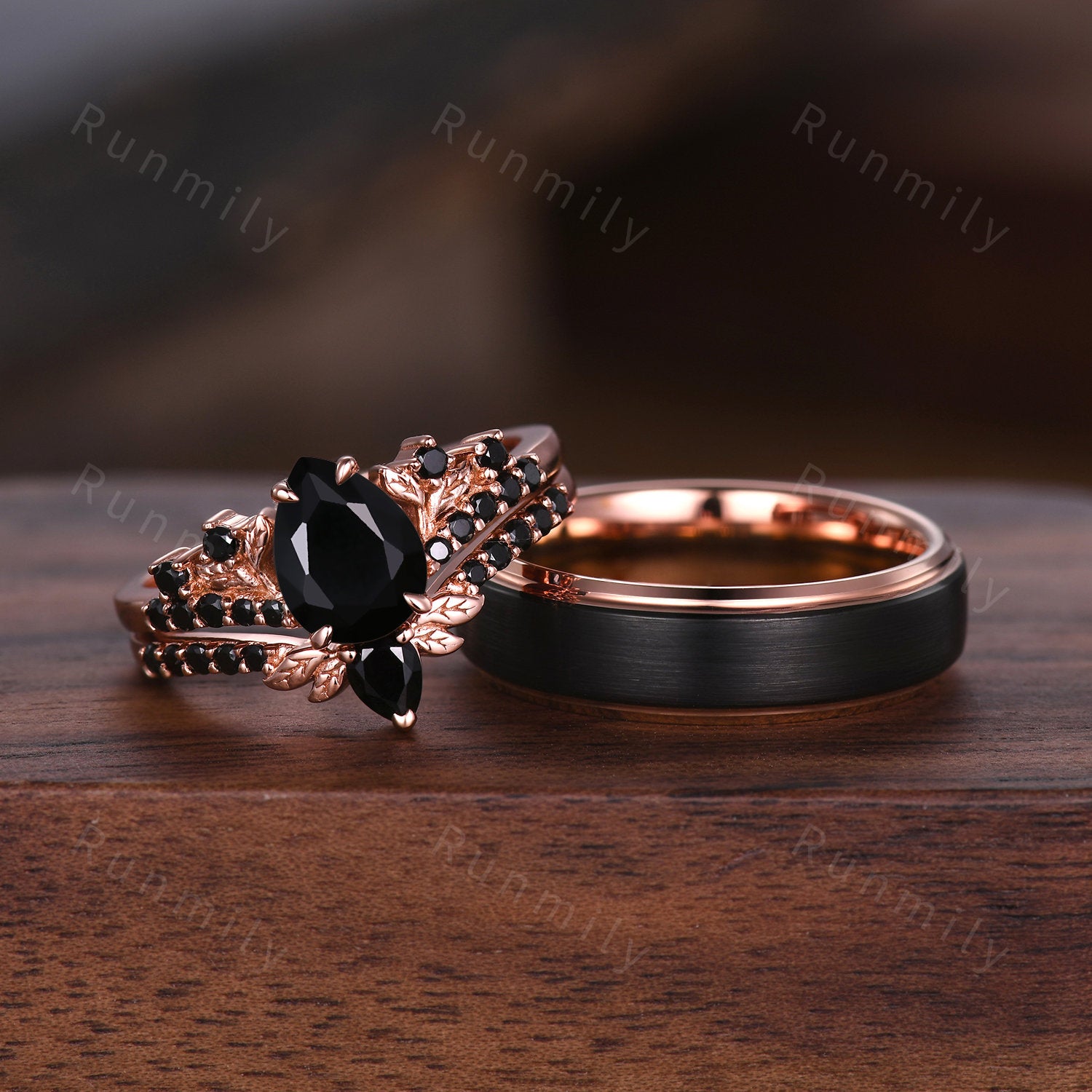 Black Onyx Couples Ring Vintage Rose Gold Matching Ring Set His and Hers Wedding Band Black Gemstone Promise Ring For Men For Women Gift