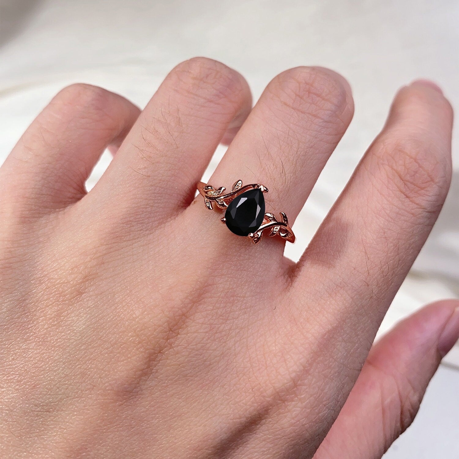 Pear Cut Black Onyx Couples Ring Rose Gold Matching Ring Set His And Hers Wedding Band Promise Ring For Men For Women Natural Black Gemstone