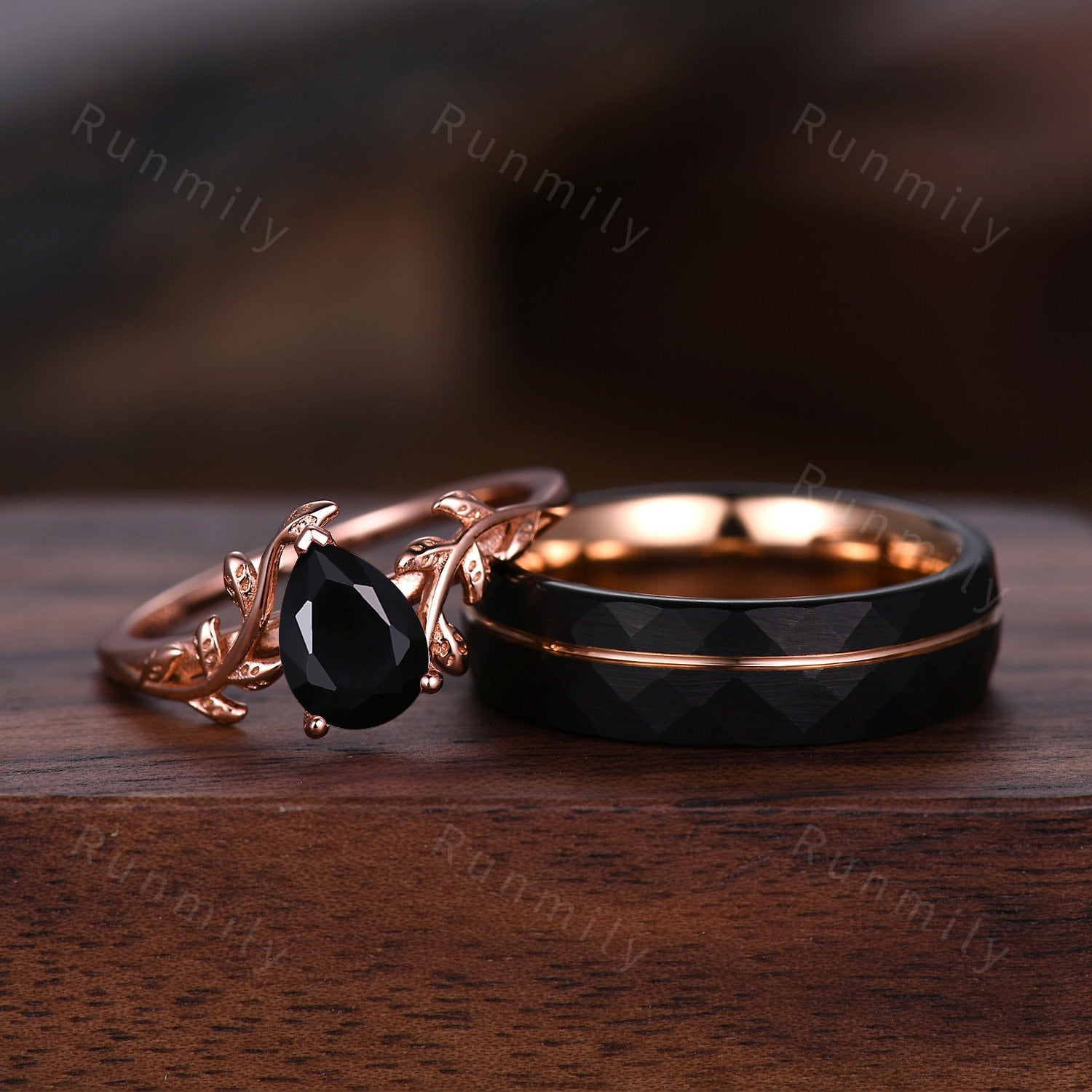 Pear Cut Black Onyx Couples Ring Rose Gold Matching Ring Set His And Hers Wedding Band Promise Ring For Men For Women Natural Black Gemstone