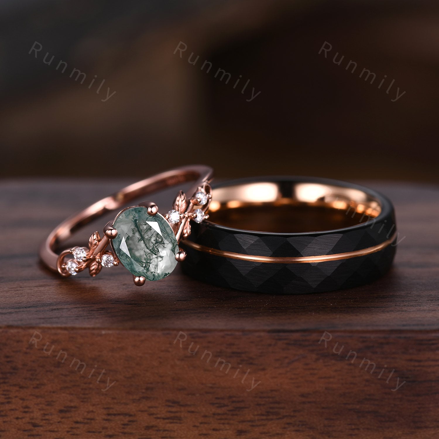 Vintage Green Moss Agate Ring Set For Couples His And Her Wedding Band Rose Gold Matching Promise Ring Anniversary Rings Natural Agate Gem