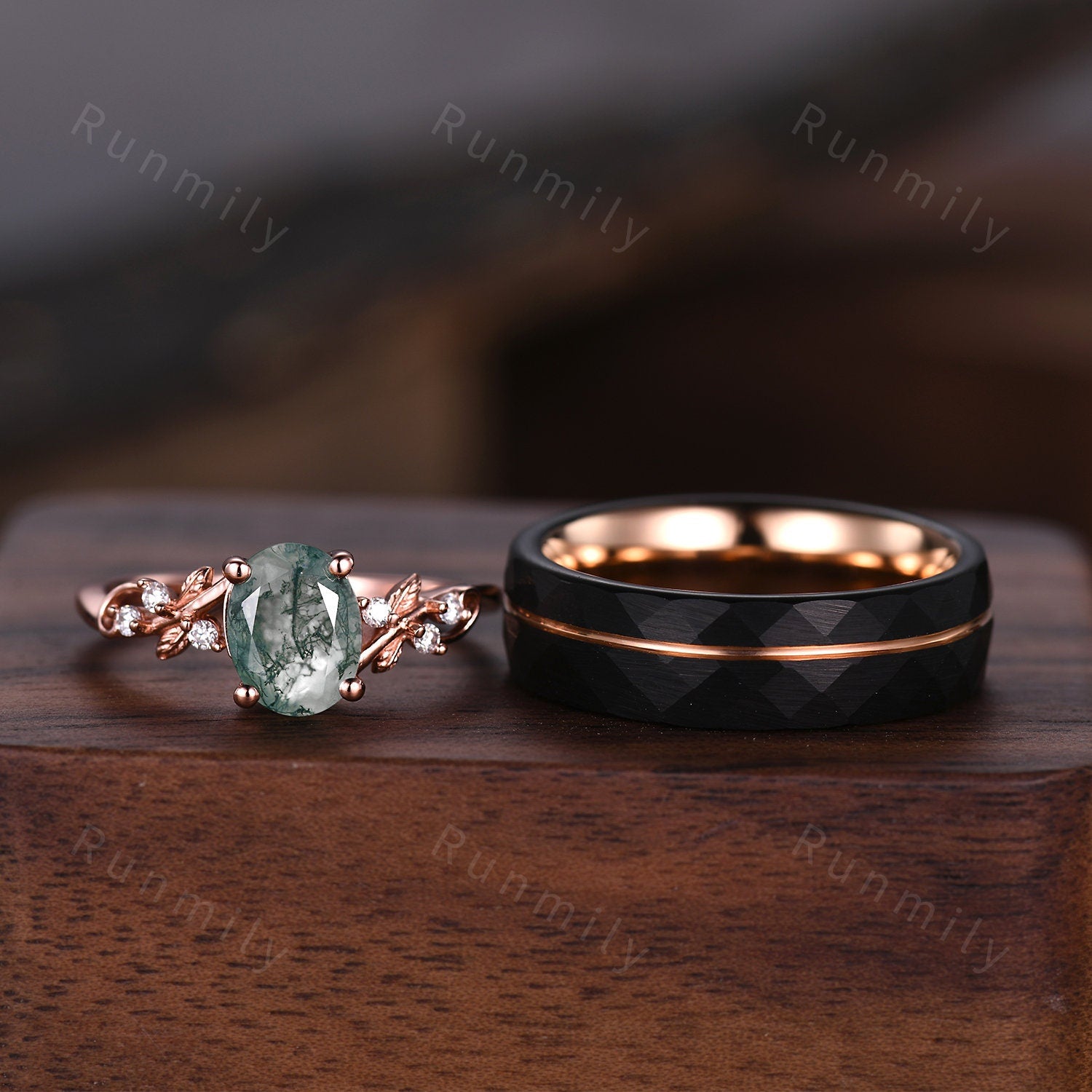 Vintage Green Moss Agate Ring Set For Couples His And Her Wedding Band Rose Gold Matching Promise Ring Anniversary Rings Natural Agate Gem