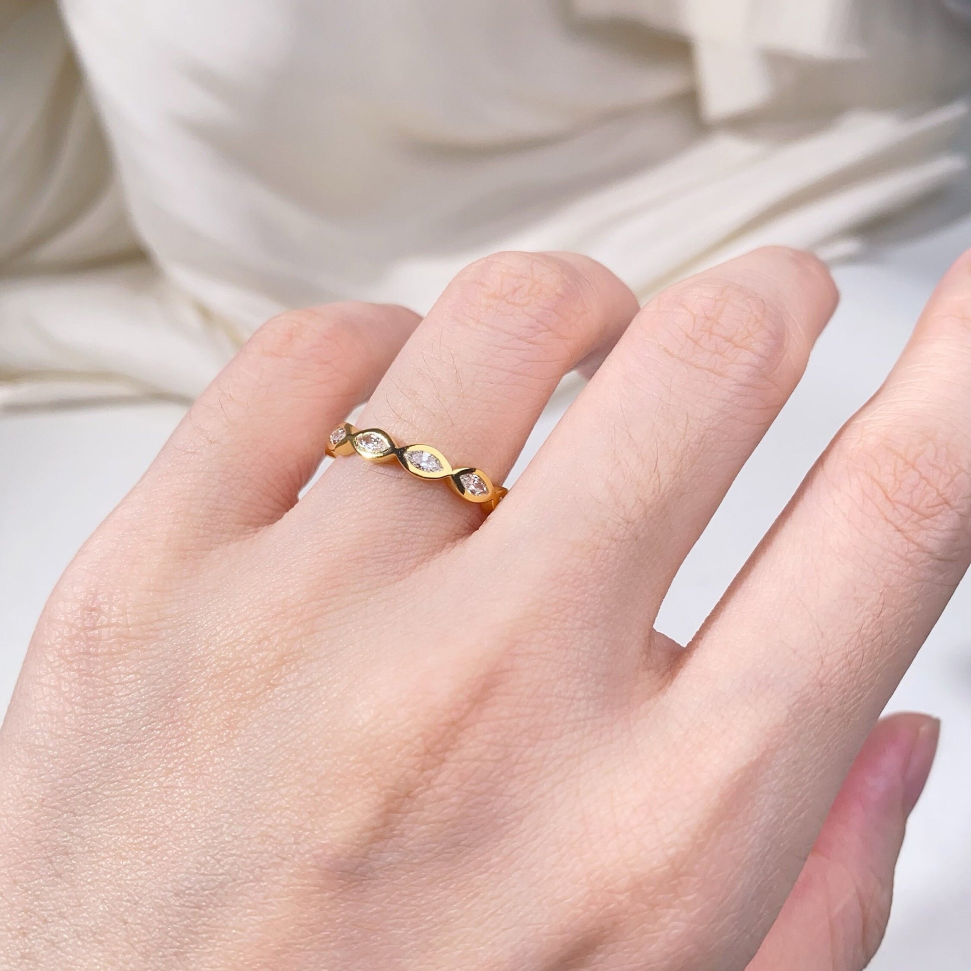 Delicate marquise cut moissanite wedding band yellow gold eternity band vintage bezel set band unique stacking band anniversary ring