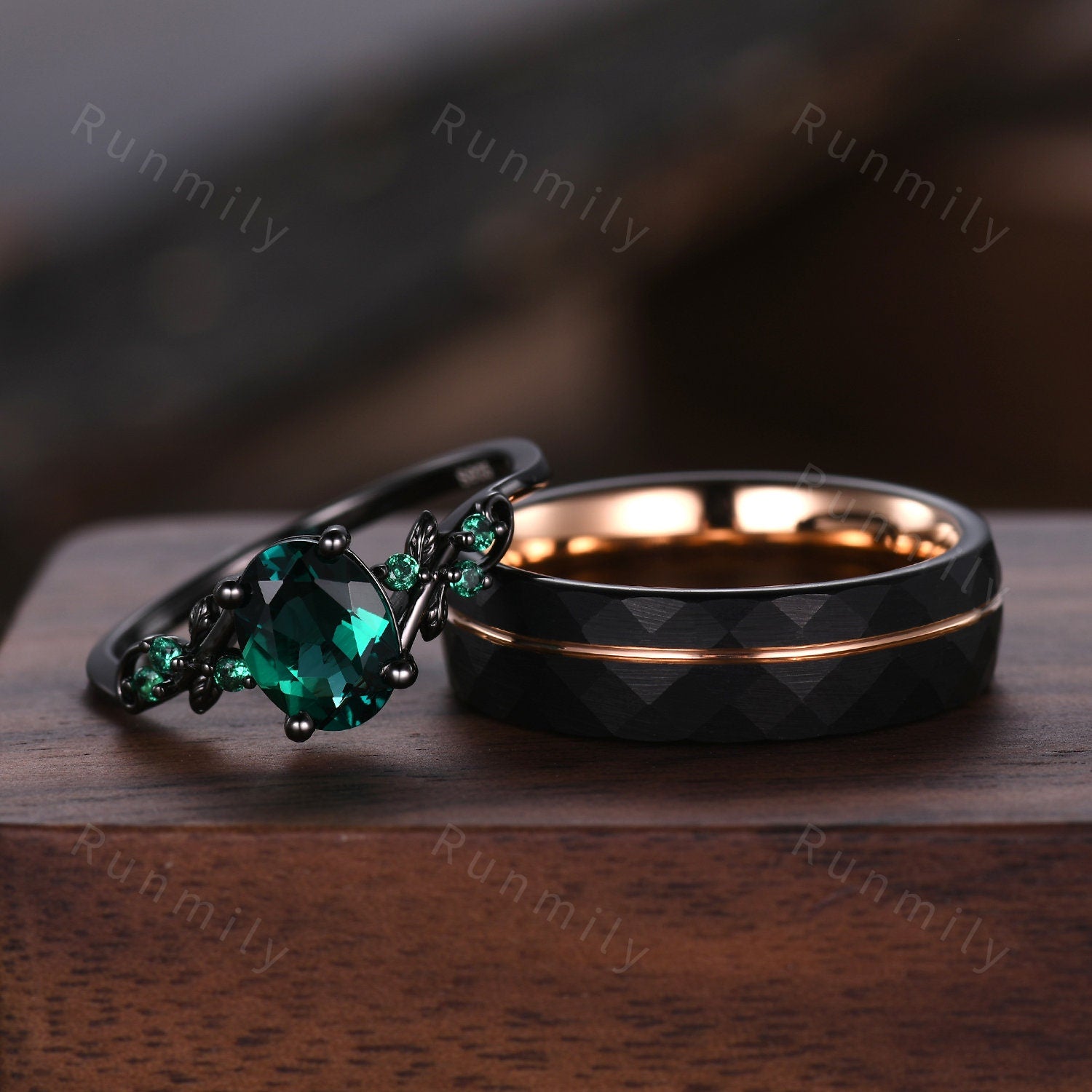 Oval cut emerald couples ring set black gold matching promise ring His and Her wedding band Mens wedding ring Emerald anniversary rings