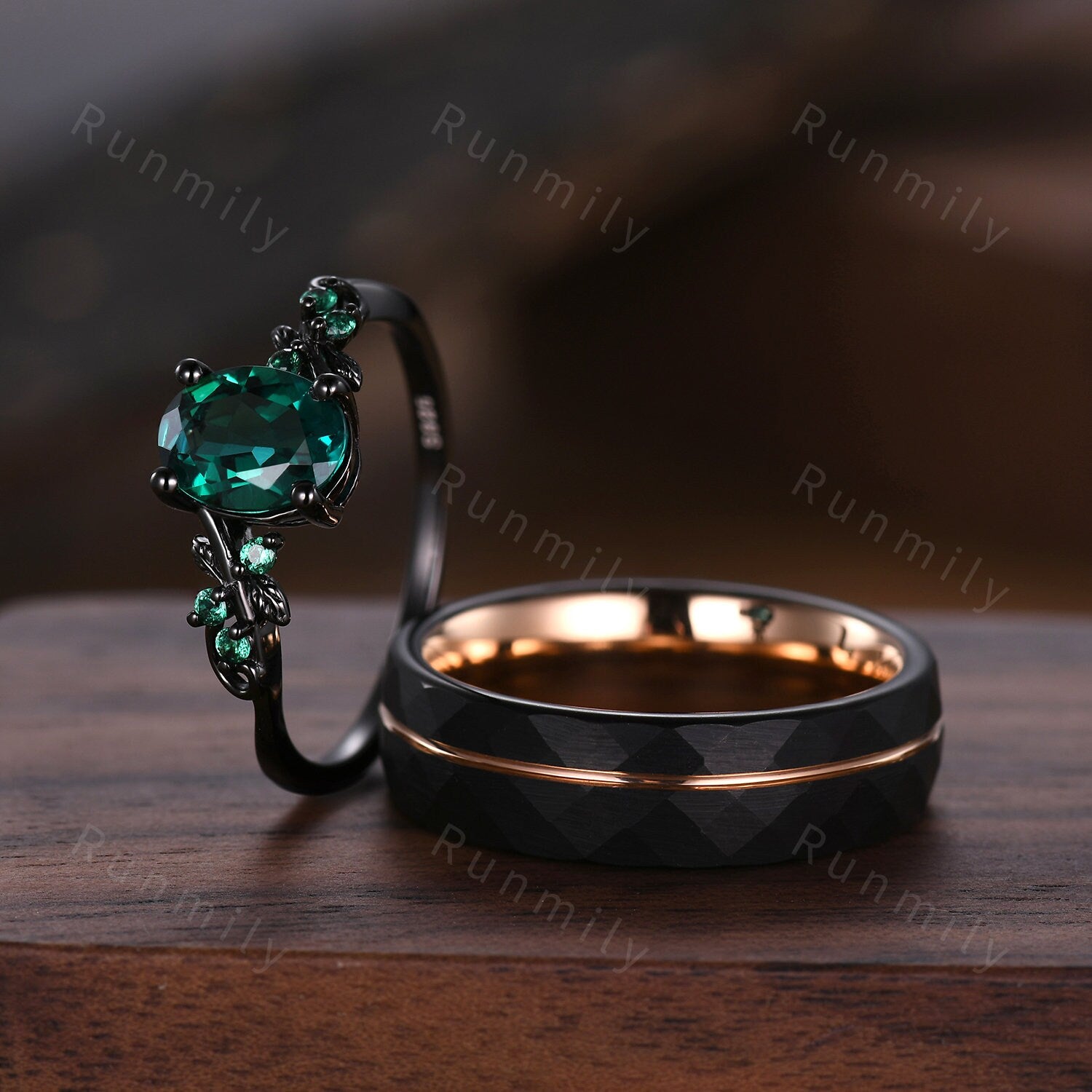 Oval cut emerald couples ring set black gold matching promise ring His and Her wedding band Mens wedding ring Emerald anniversary rings