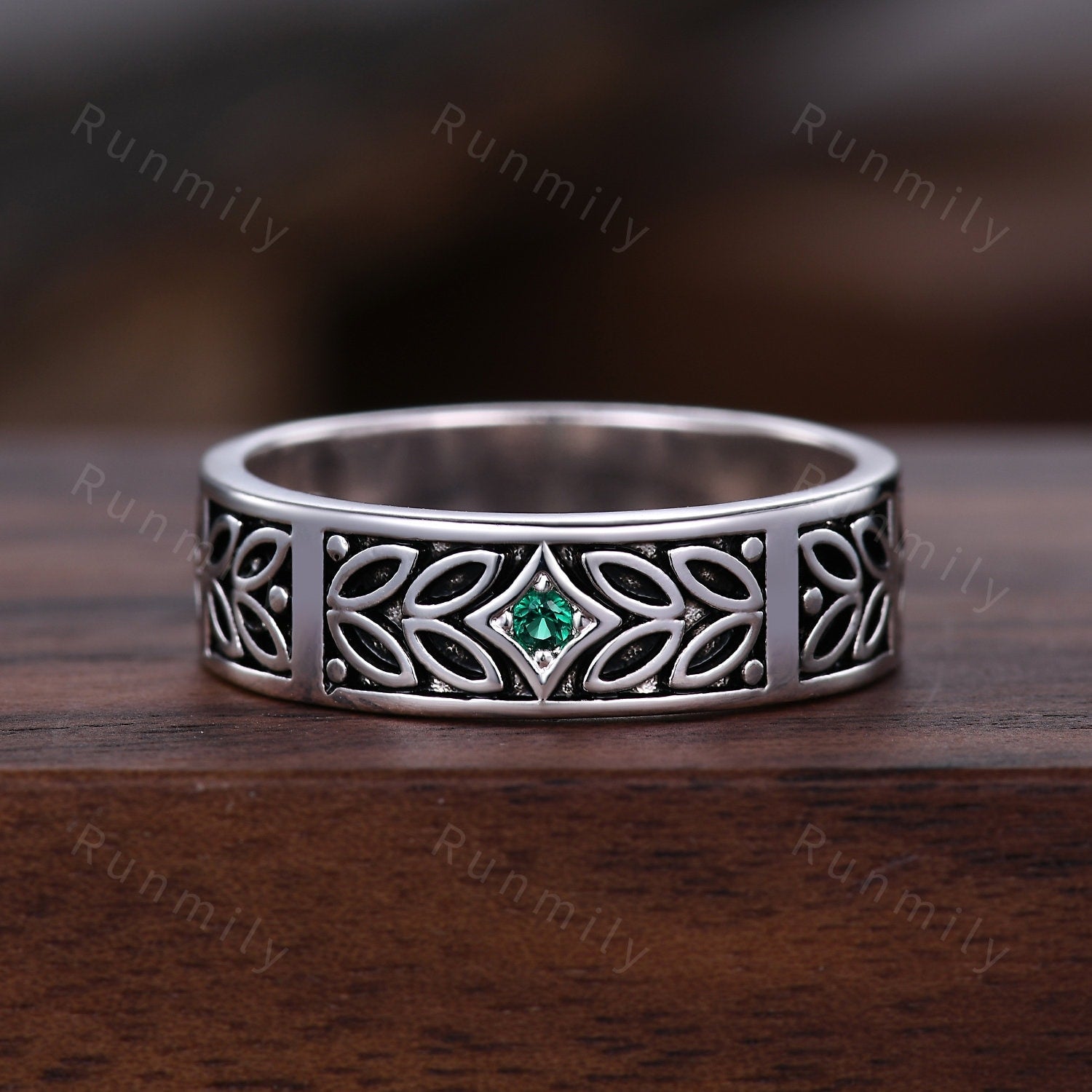 Mens Emerald Wedding Band Art Deco Leaf Design Wedding Band 6mm Silver Black Ring Unique Nature Inspired Stacking Band Retro Vintage Ring